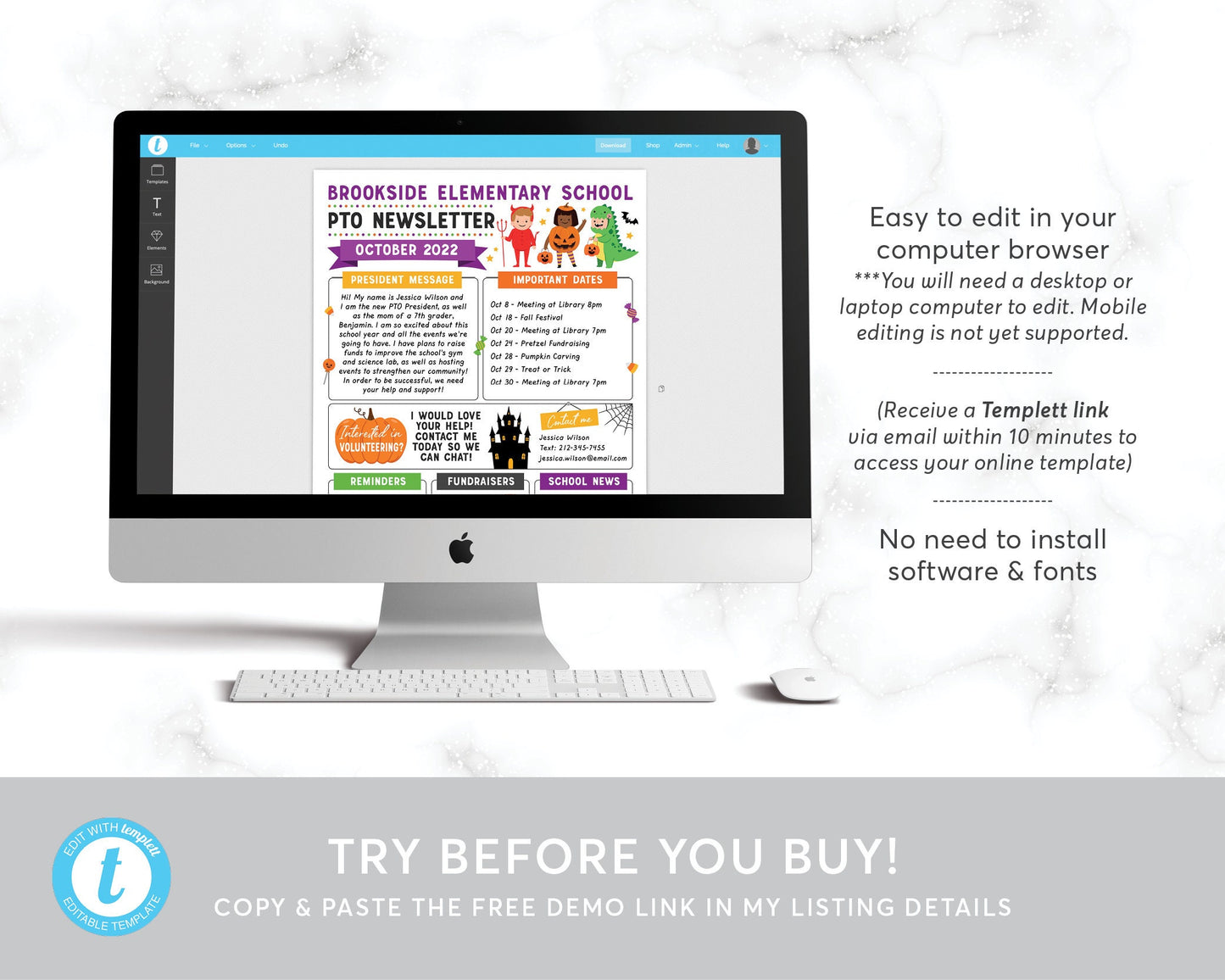 October PTO PTA Newsletter Flyer Editable Template, Back to School Calendar Meeting Agenda Printable Handout, Seasonal Year Classroom