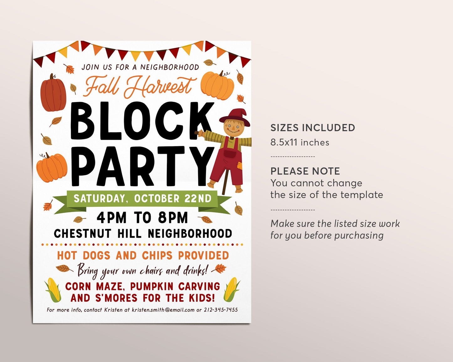 Fall Block Party Festival Harvest Editable Template, Neighborhood Party, Market Community Church School Fundraiser Event Invitation Poster