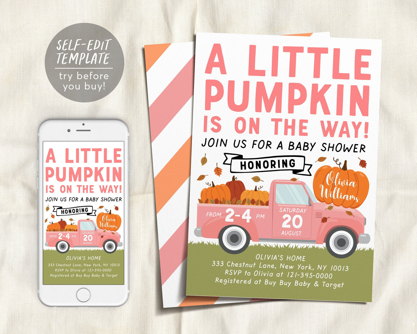 Fall Pink Pumpkin Pickup Truck Baby Shower Invitation Editable Template, Little Pumpkin Baby Shower Invite, Fall Girl Baby Shower Autumn