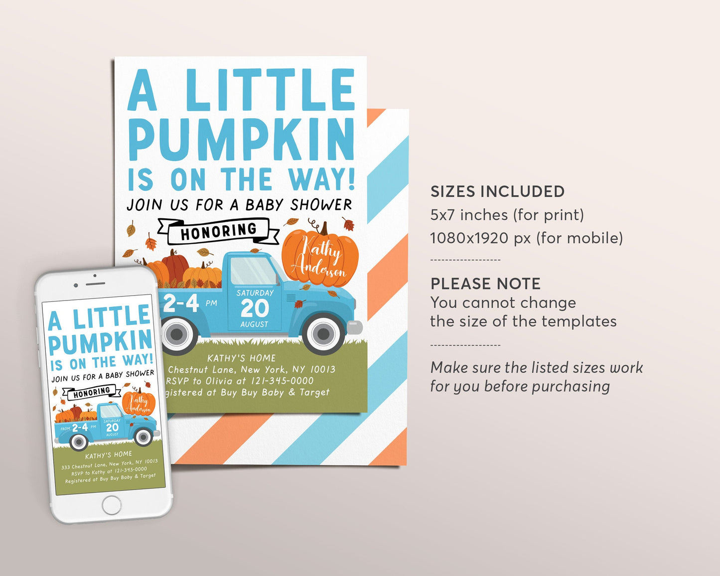 Fall Blue Pumpkin Pickup Truck Baby Shower Invitation Editable Template, Little Pumpkin Baby Shower Invite, Fall Boy Baby Shower Autumn