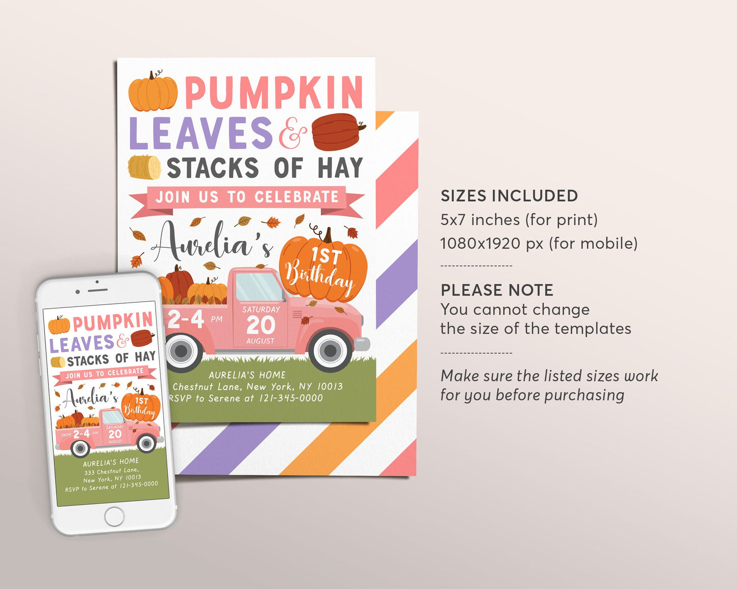 Fall Pumpkin Truck Birthday Invitation Editable Template, Girl Pink Fall Harvest Truck Party, Autumn 1st First Birthday Invite, Patch Evite