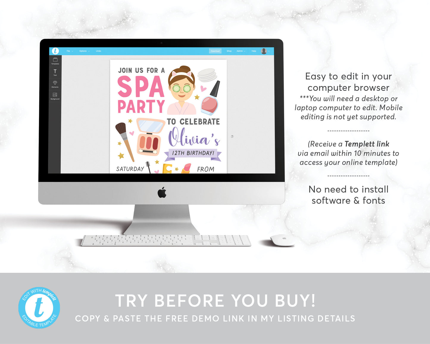 Spa Party Invitation Editable Template, Makeup Party Facial Mani Pedi Girls Spa Day Glam Makeup Nail Salon Birthday Invite, Tween Printable
