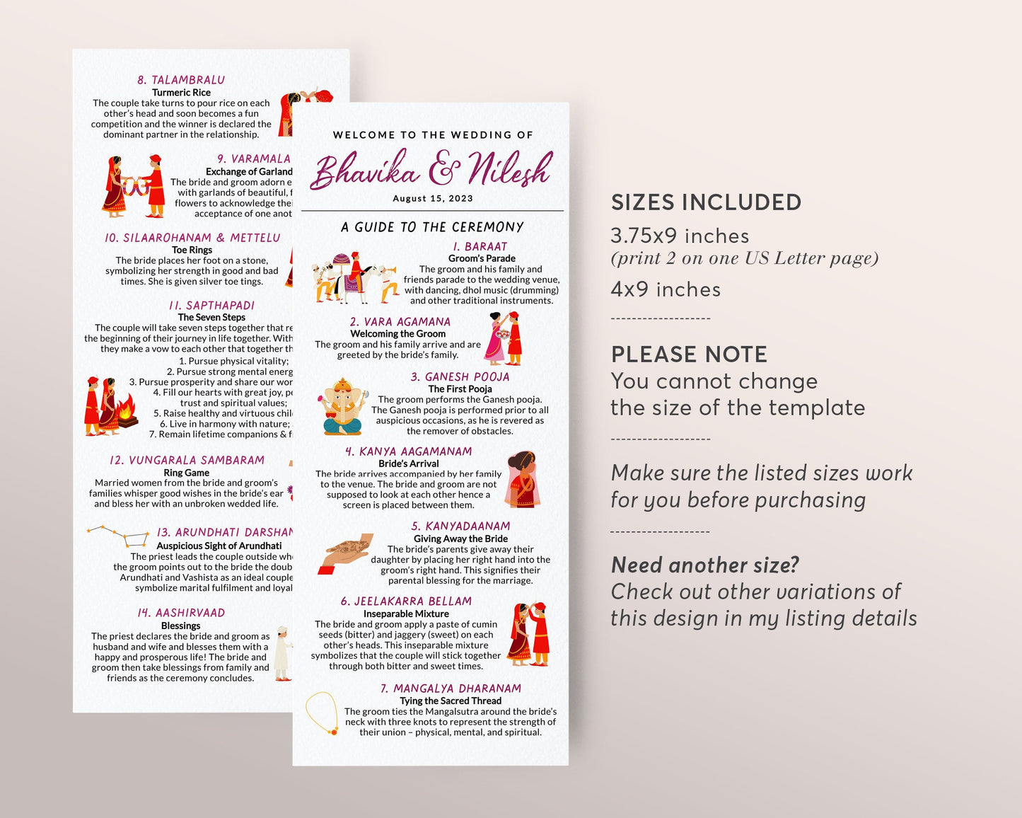 Editable Telugu Ceremony Program, Telugu Wedding Program, Long Tall Indian Wedding Ceremony, Hindu Wedding Ceremony Program Infographic