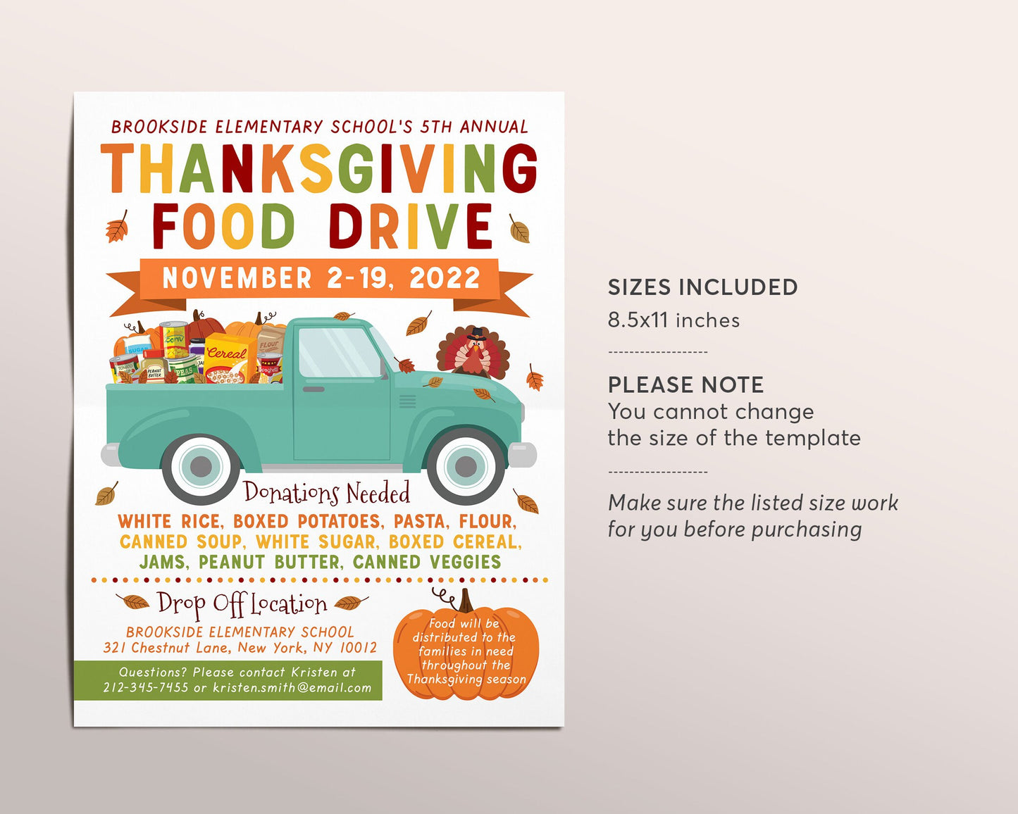 Fall Food Drive Flyer Invitation Editable Template, Thanksgiving Food Drive Poster, Food Bank Donation Church Charities, PTA PTO Printable