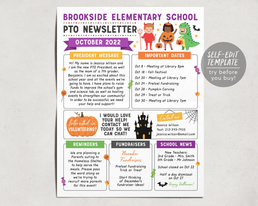 October PTO PTA Newsletter Flyer Editable Template, Back to School Calendar Meeting Agenda Printable Handout, Seasonal Year Classroom