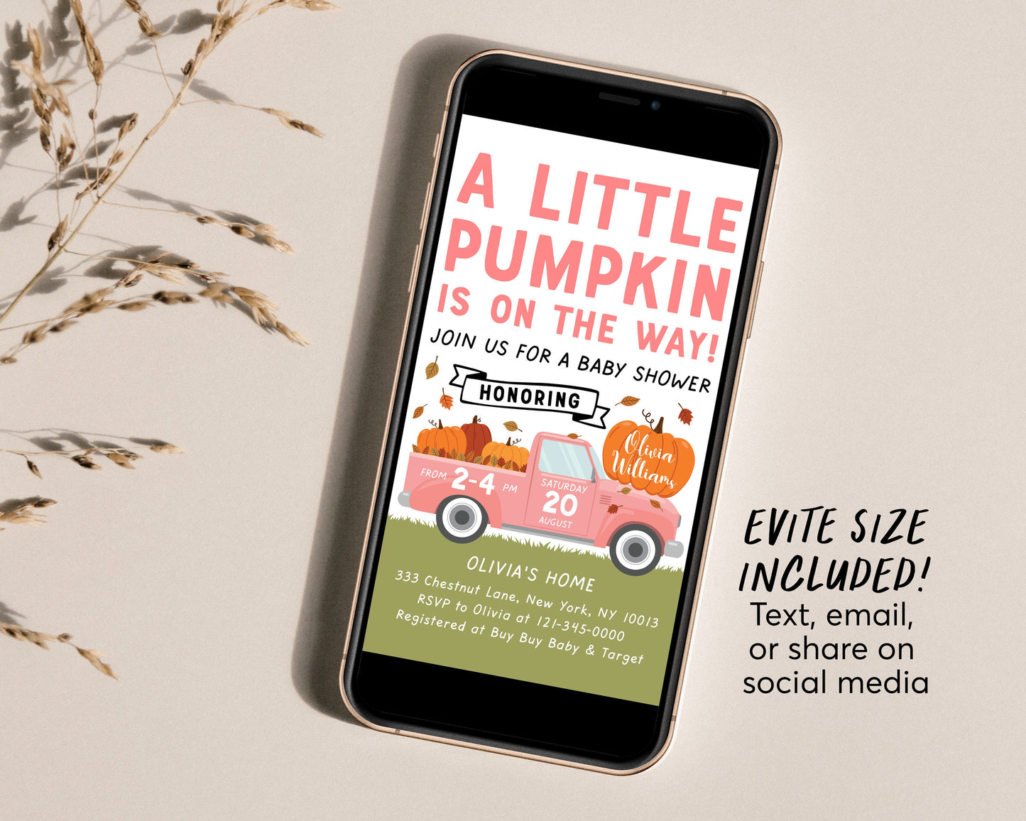 Fall Pink Pumpkin Pickup Truck Baby Shower Invitation Editable Template, Little Pumpkin Baby Shower Invite, Fall Girl Baby Shower Autumn