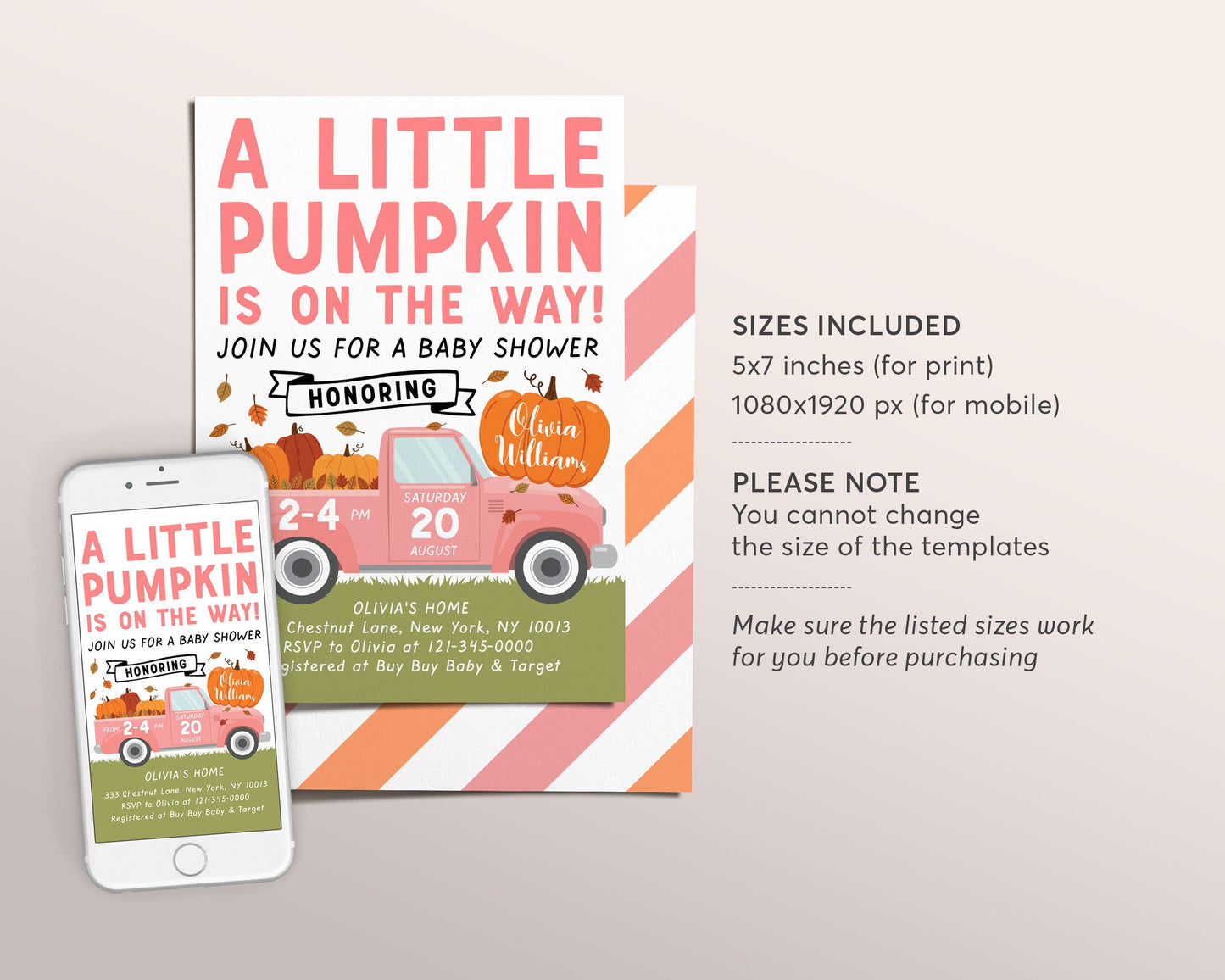 Fall Pink Pumpkin Pickup Truck Baby Shower Invitation Editable Template, Little Pumpkin Baby Shower Invite, Fall Girl Baby Shower Autumn