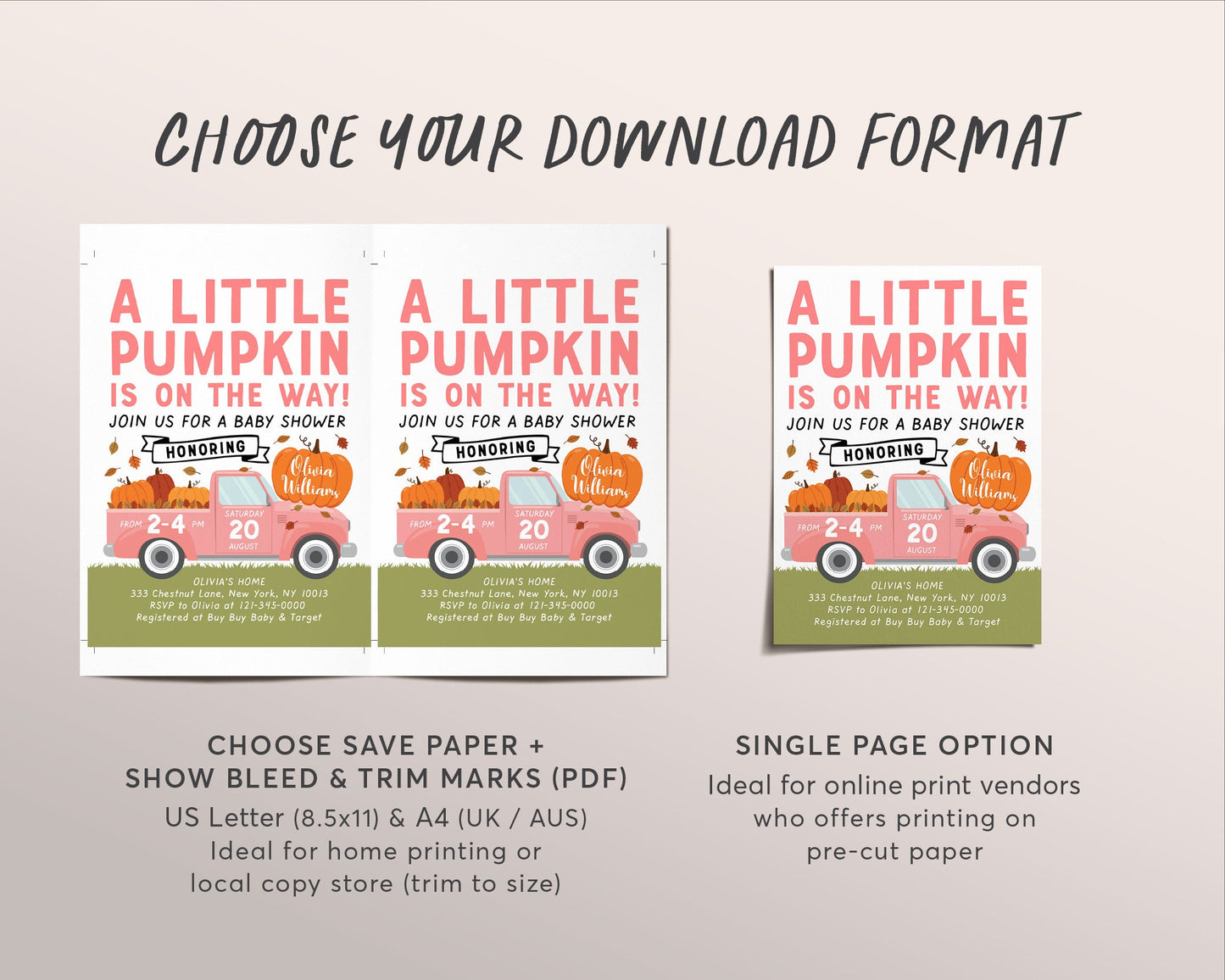 Fall Pink Pumpkin Pickup Truck Baby Shower Invitation Editable Template, Little Pumpkin Baby Shower Invite, Fall Girl Baby Shower Autumn