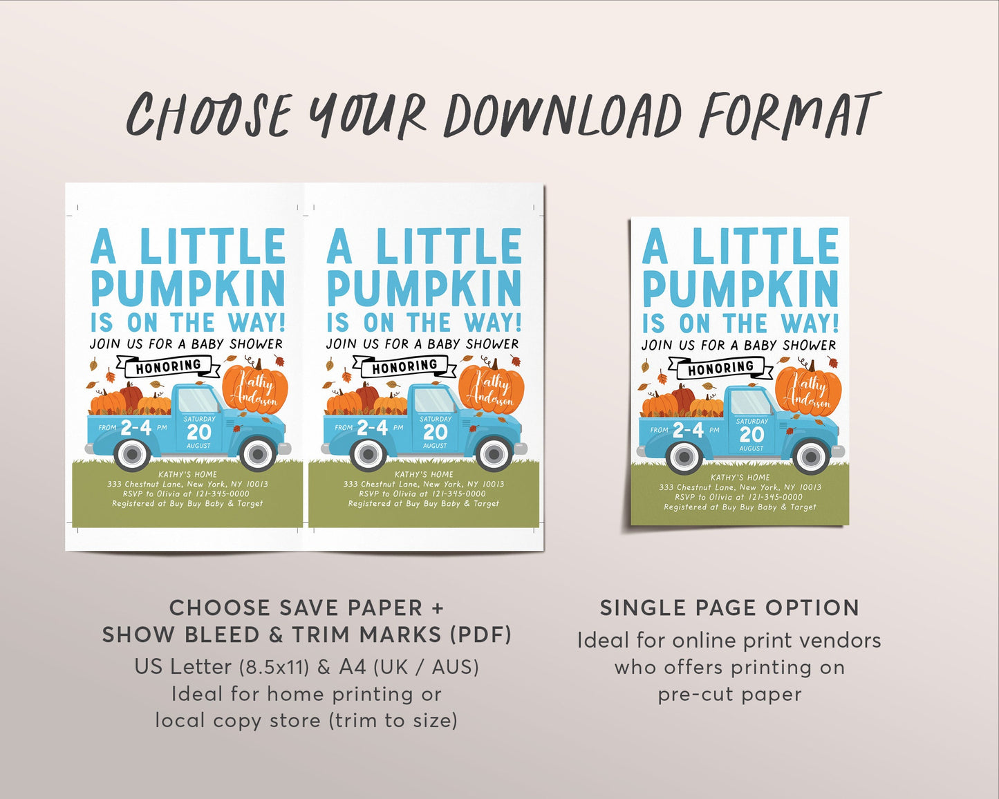 Fall Blue Pumpkin Pickup Truck Baby Shower Invitation Editable Template, Little Pumpkin Baby Shower Invite, Fall Boy Baby Shower Autumn