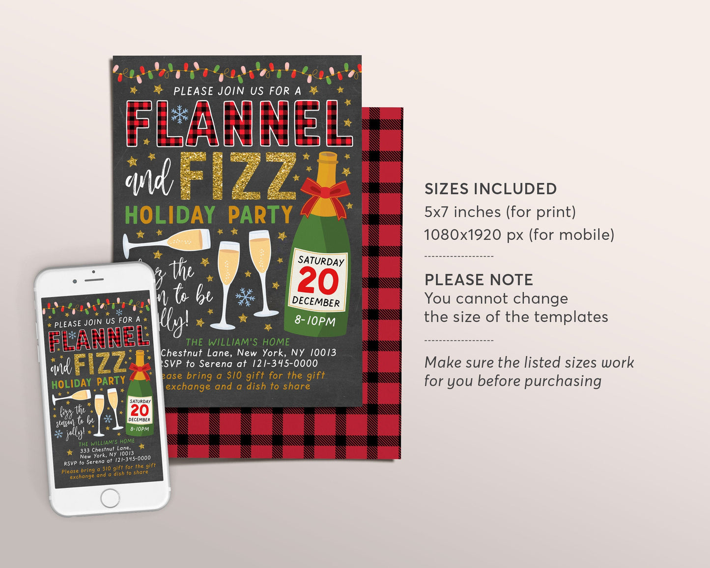 Flannel And Fizz Christmas Invitation Editable Template, PJs And Prosecco Champagne Flutes Holiday Cocktail Party Plaid Invite Evite