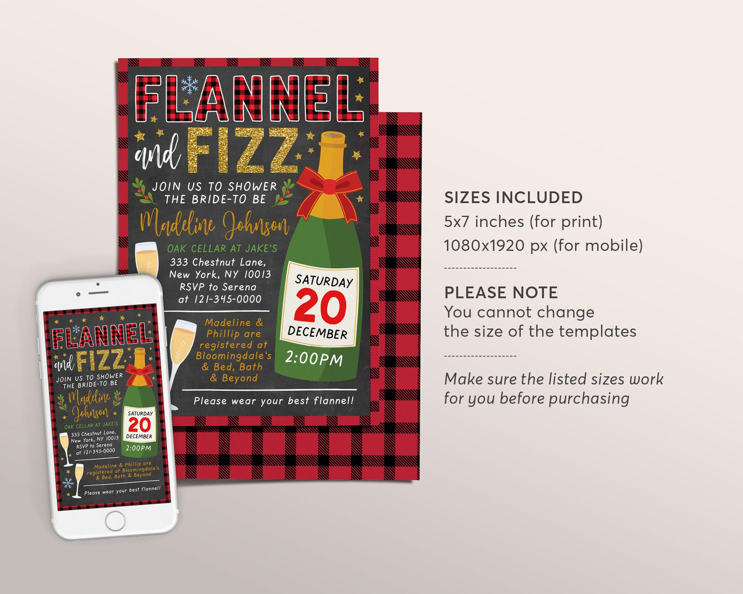 Flannel and Fizz Bridal Shower Invitation Editable Template, Flannel and Prosecco Champagne Bachelorette Holiday Party Plaid Invite Evite