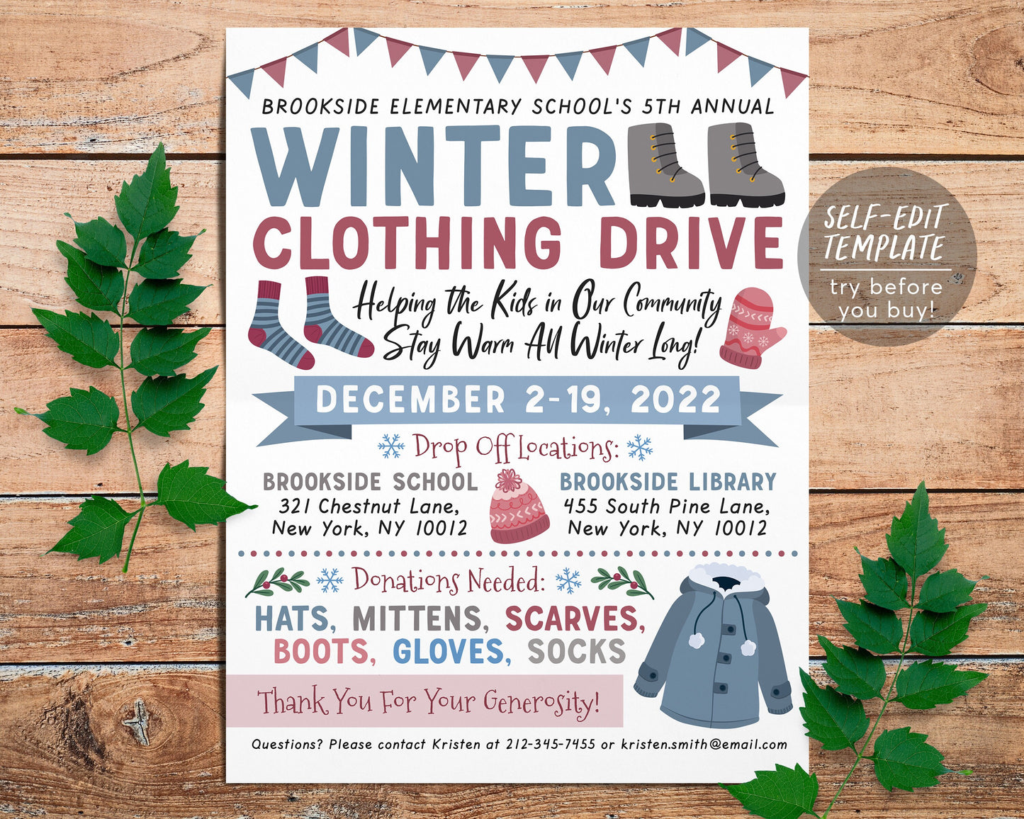 Winter Clothing Drive Flyer Editable Template, Charity Church Fundraiser Printable PTA PTO, Christmas Cold Coat Jacket Donations Flyer