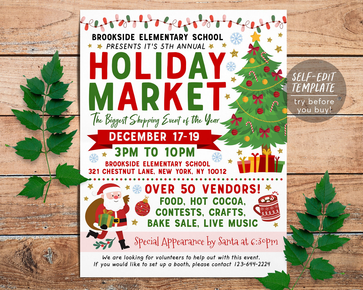 Holiday Market Flyer Editable Template, Christmas Festival Craft Fair Sign Invitation Community Xmas Event Printable School Shopping PTO PTA