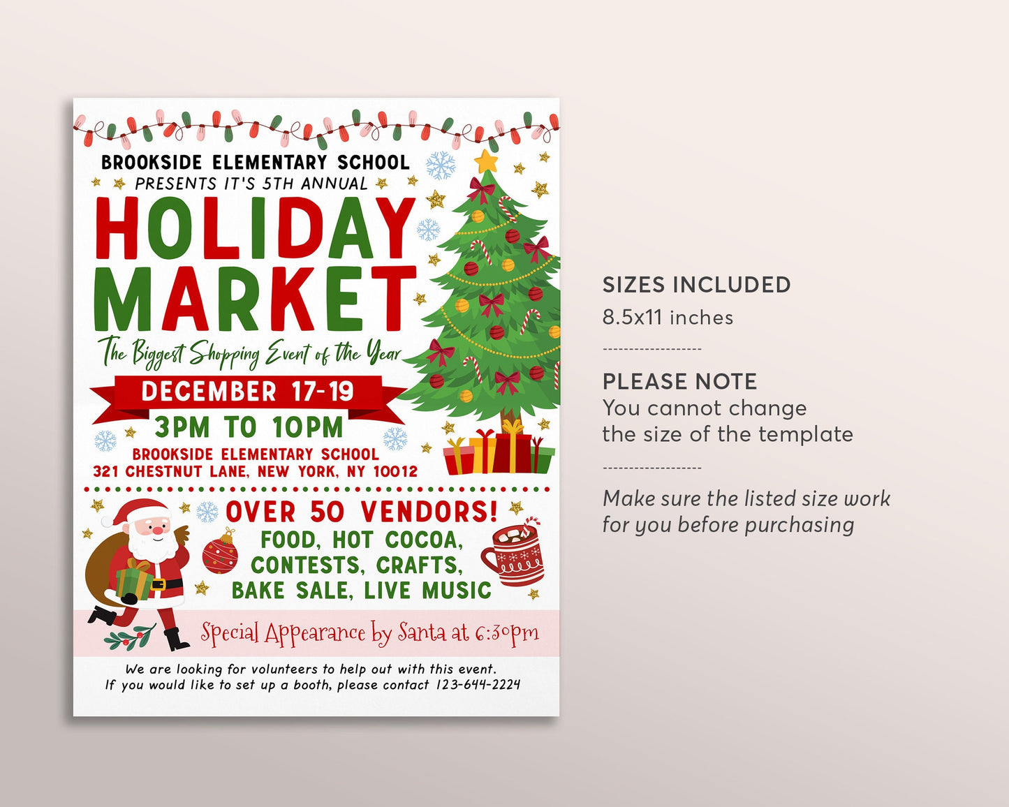 Holiday Market Flyer Editable Template, Christmas Festival Craft Fair Sign Invitation Community Xmas Event Printable School Shopping PTO PTA