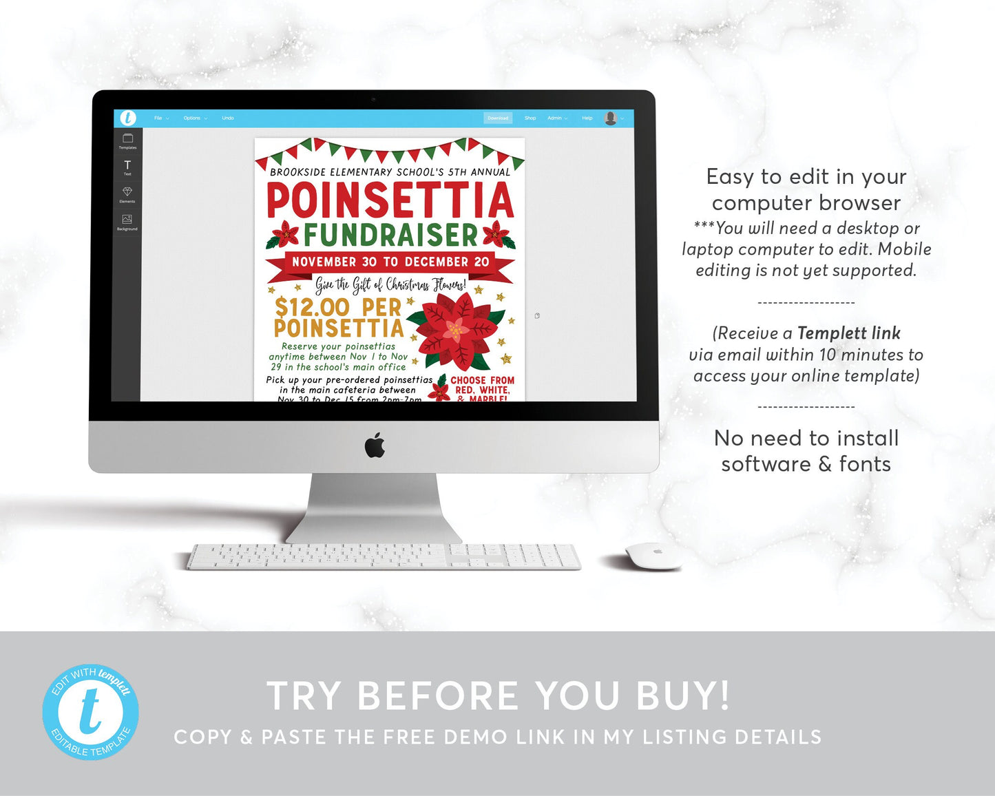 Poinsettia Fundraiser Flyer Editable Template, Christmas Poinsettia Sale, Holiday Plant Flower Sale, School Church PTO PTA Charity