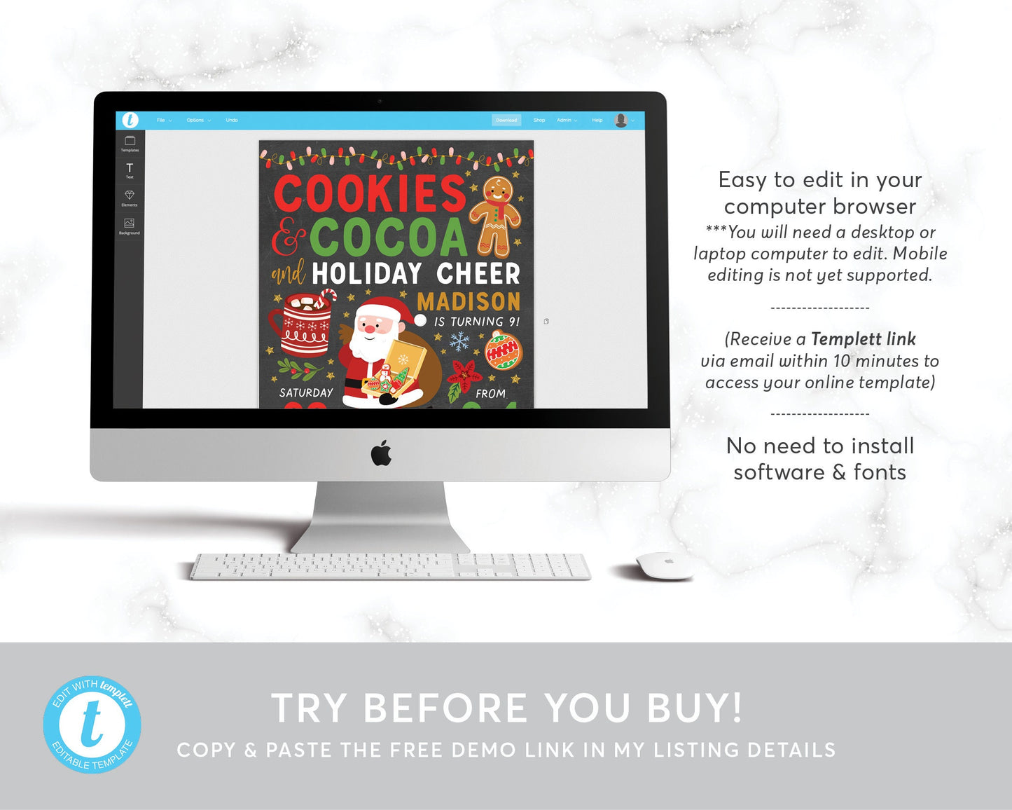 Cookies And Cocoa Birthday Invitation Editable Template, Cookies With Santa Christmas Invite Printable Evite, Cookie Swap Exchange