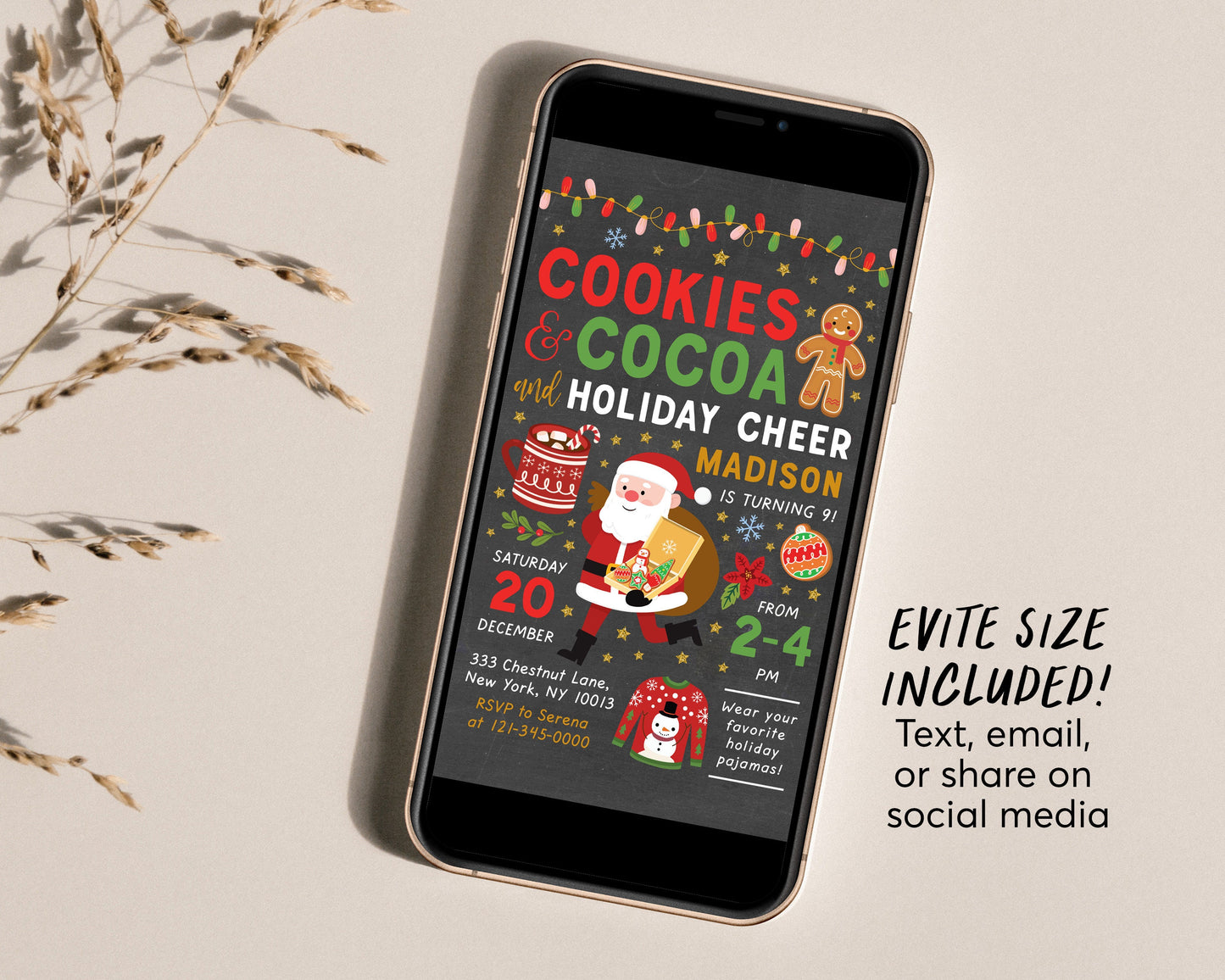 Cookies And Cocoa Birthday Invitation Editable Template, Cookies With Santa Christmas Invite Printable Evite, Cookie Swap Exchange
