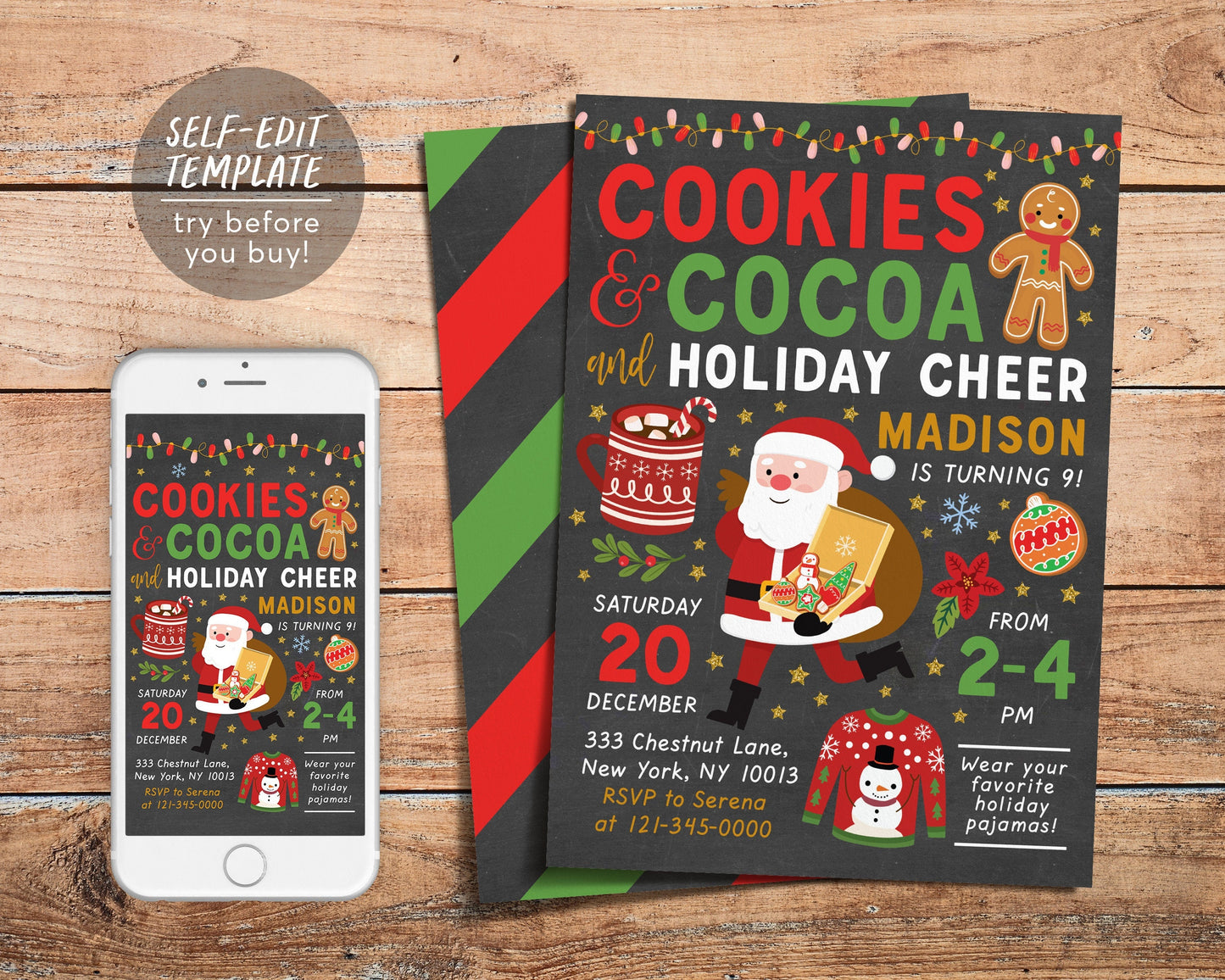 Cookies And Cocoa Birthday Invitation Editable Template, Cookies With Santa Christmas Invite Printable Evite, Cookie Swap Exchange