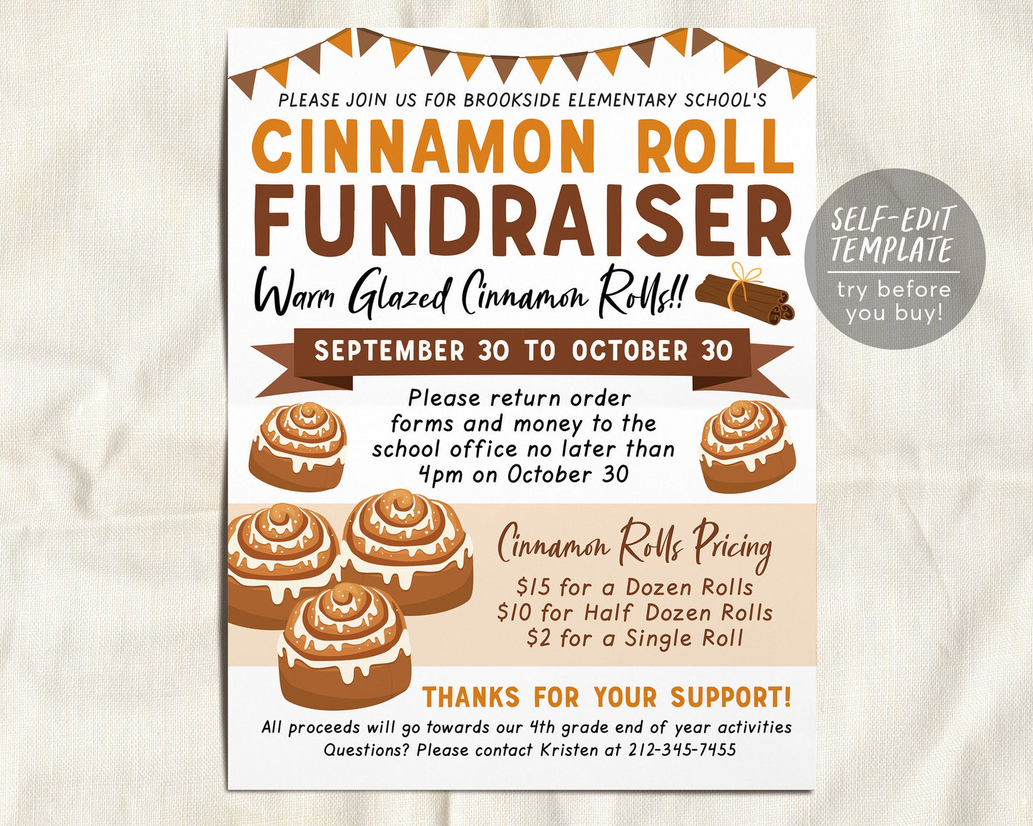 Cinnamon Roll Fundraiser Flyer Editable Template, Cinnamon Buns Sticky Bun, School Church PTA PTO Sports Team Charity Event Bake Sale
