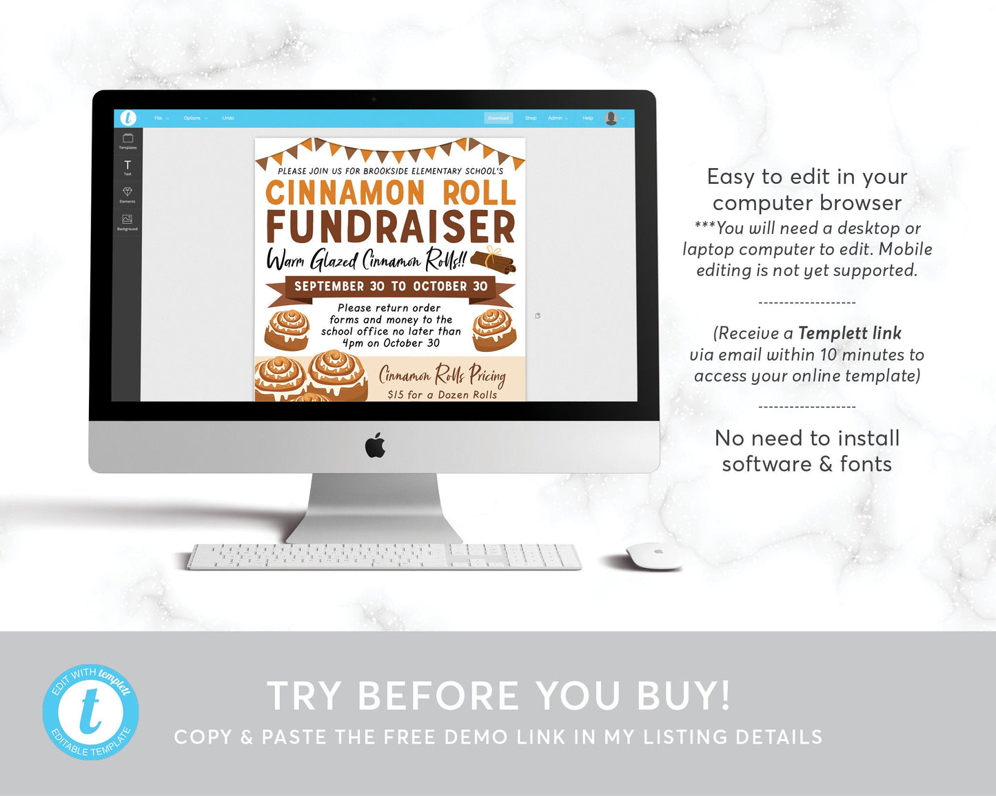 Cinnamon Roll Fundraiser Flyer Editable Template, Cinnamon Buns Sticky Bun, School Church PTA PTO Sports Team Charity Event Bake Sale