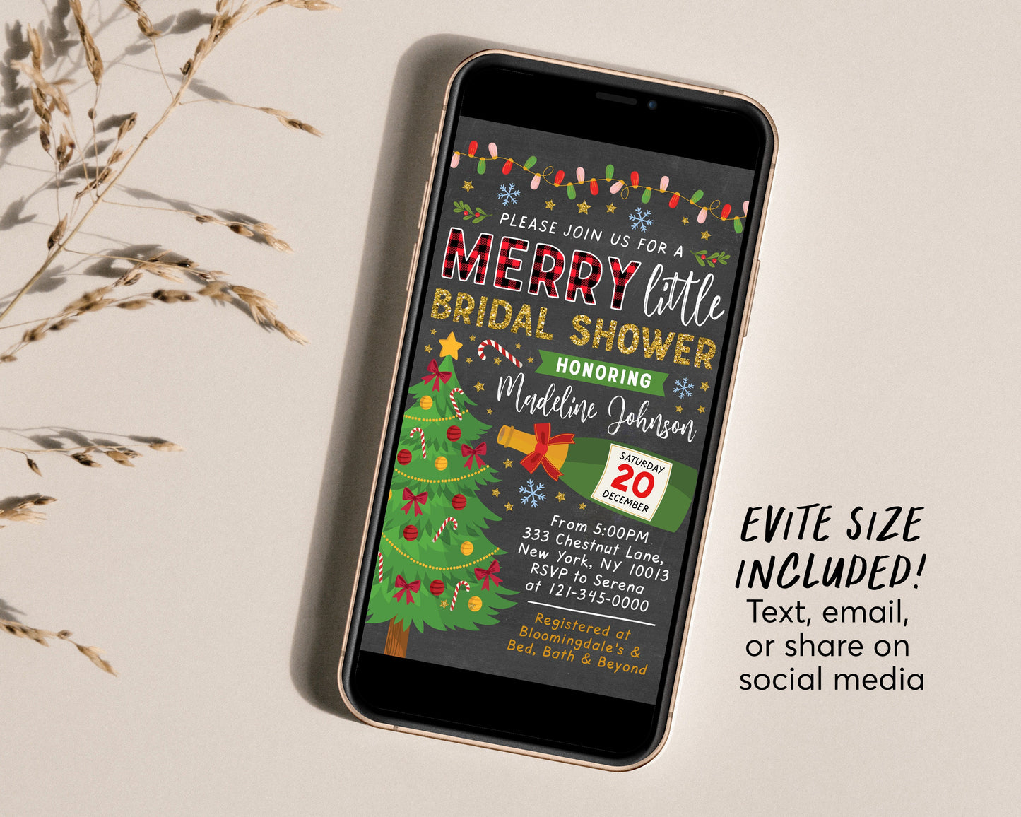 Merry Little Bridal Shower Invitation Editable Template, Holiday Christmas Bridal Shower Invite, Flannel and Prosecco Champagne Bachelorette