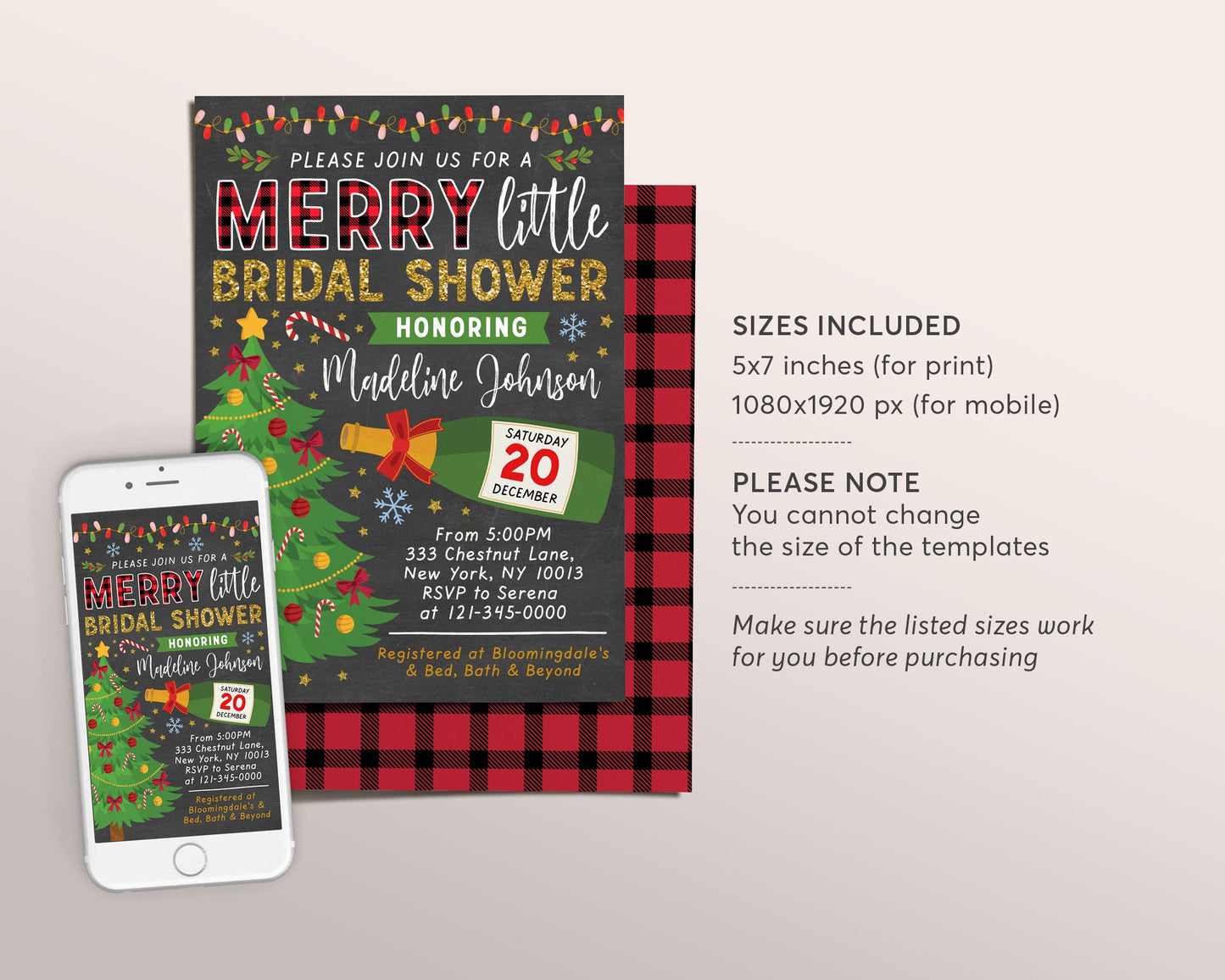 Merry Little Bridal Shower Invitation Editable Template, Holiday Christmas Bridal Shower Invite, Flannel and Prosecco Champagne Bachelorette