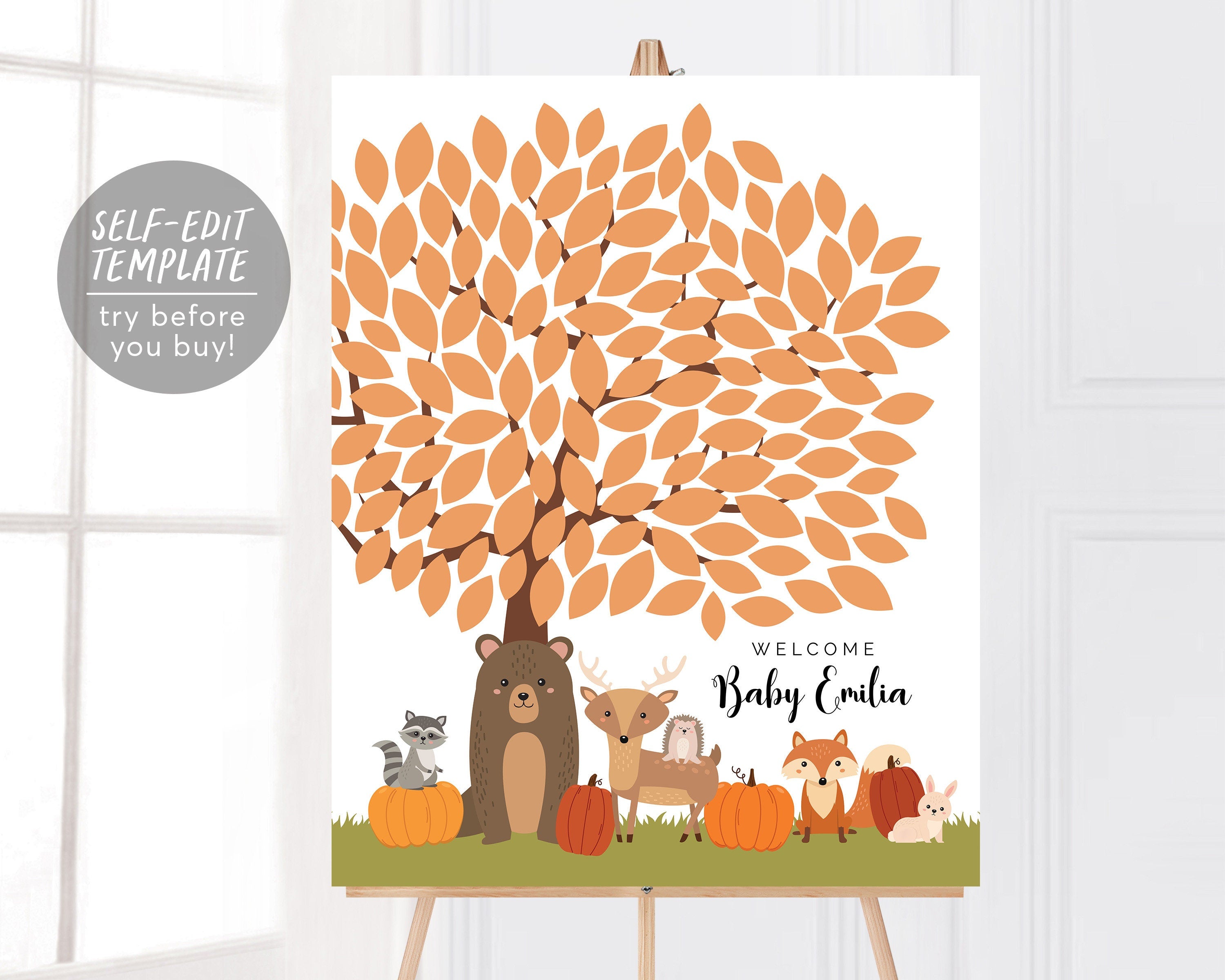 Fall Themed Woodland Creatures Tree Baby Shower Guest Book Alternative Editable Template, Autumn Little Pumpkin Sign a Leaf Leaves Guestbook