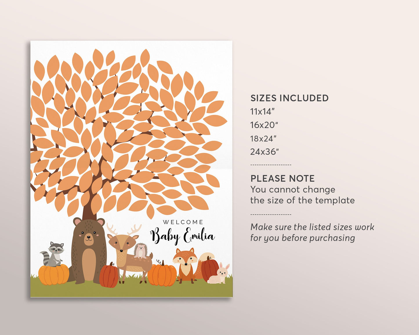 Fall Themed Woodland Creatures Tree Baby Shower Guest Book Alternative Editable Template, Autumn Little Pumpkin Sign a Leaf Leaves Guestbook