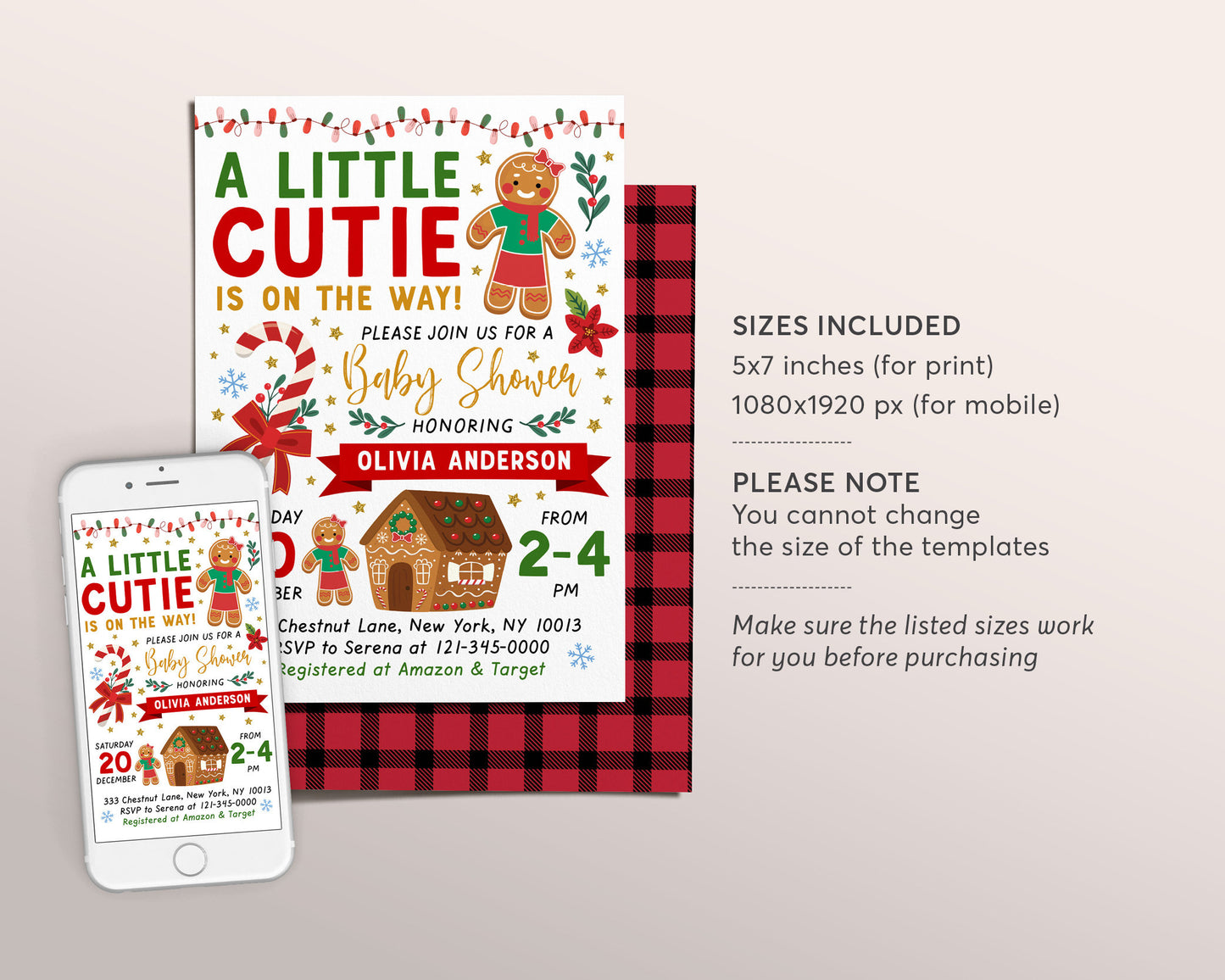 Gingerbread GIRL Baby Shower Invitation Editable Template, A Little Cutie is on the Way, Christmas Xmas Gingerbread House Invite