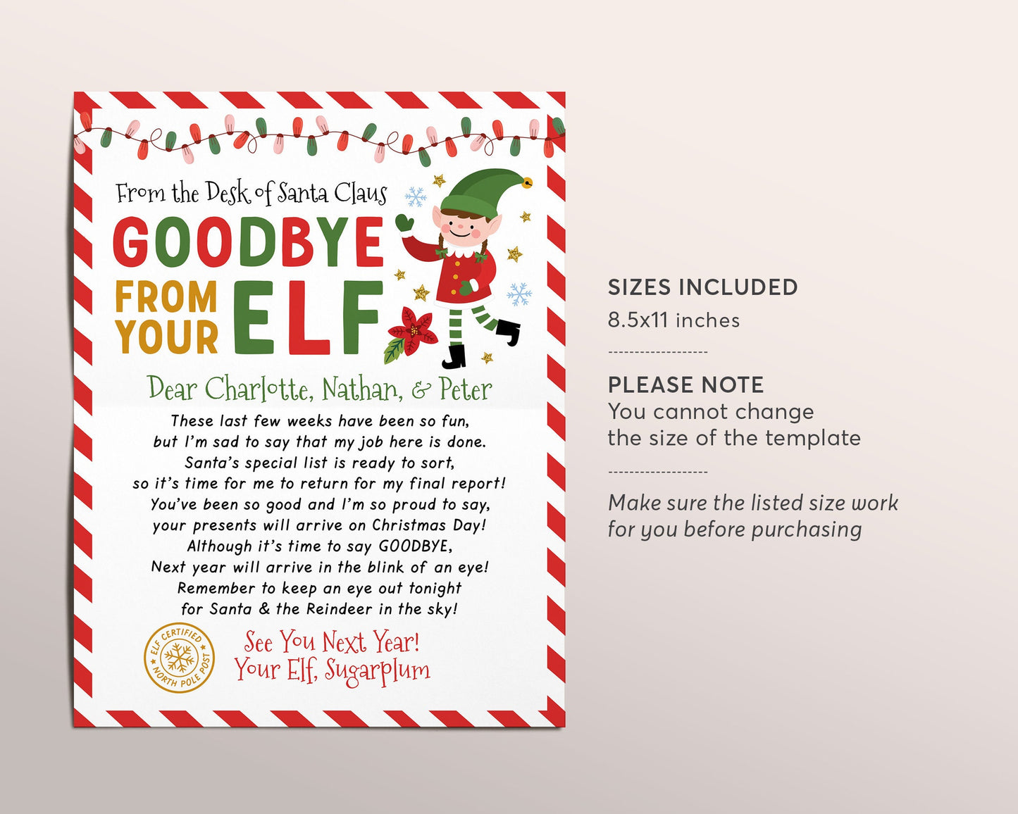 Goodbye Letter from Elf Editable Template, End of Christmas Farewell Note from Elf, Christmas , Choose Your Elf Girl or Boy