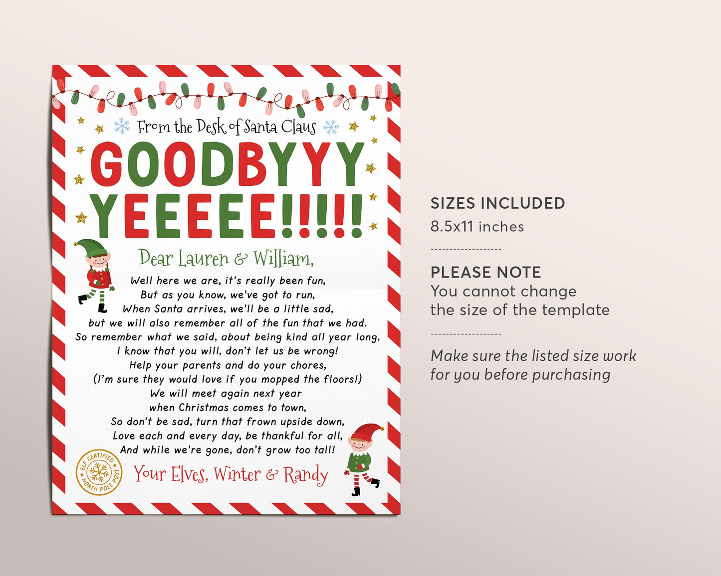 Goodbye Letter from Elves Editable Template, End of Christmas Elves Farewell Note, Christmas , Choose Your Elf Girl or Boy