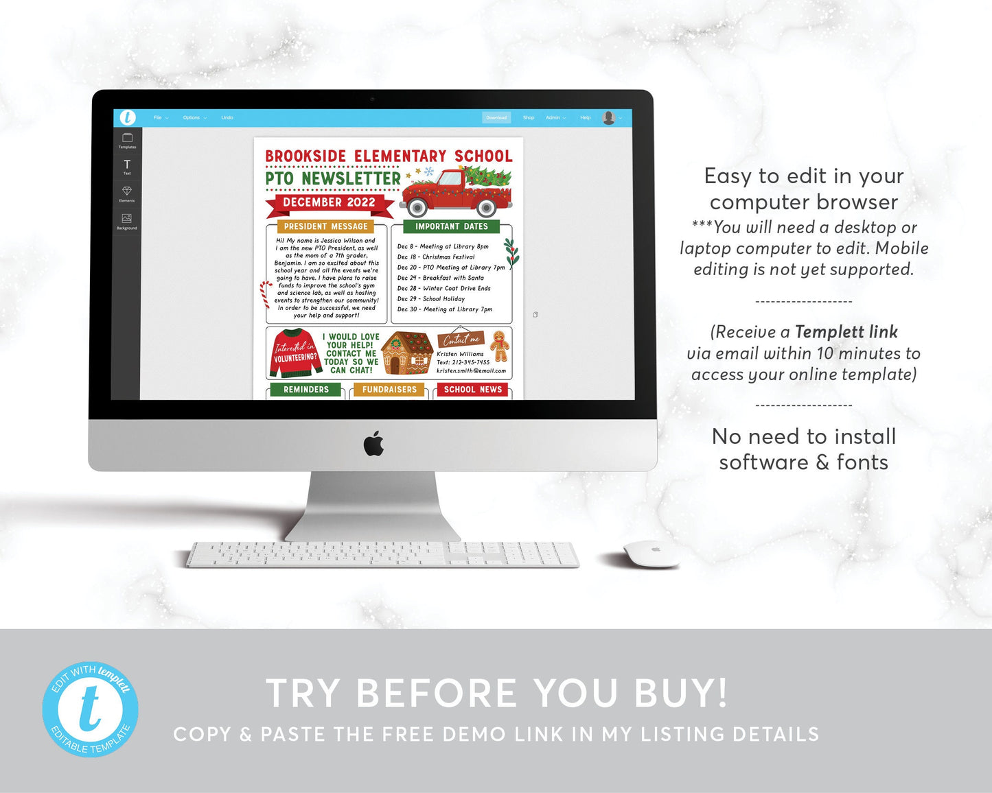 December PTO PTA Newsletter Flyer Editable Template, Holiday Meeting Agenda Printable Handout, Seasonal Christmas Organizer School Year