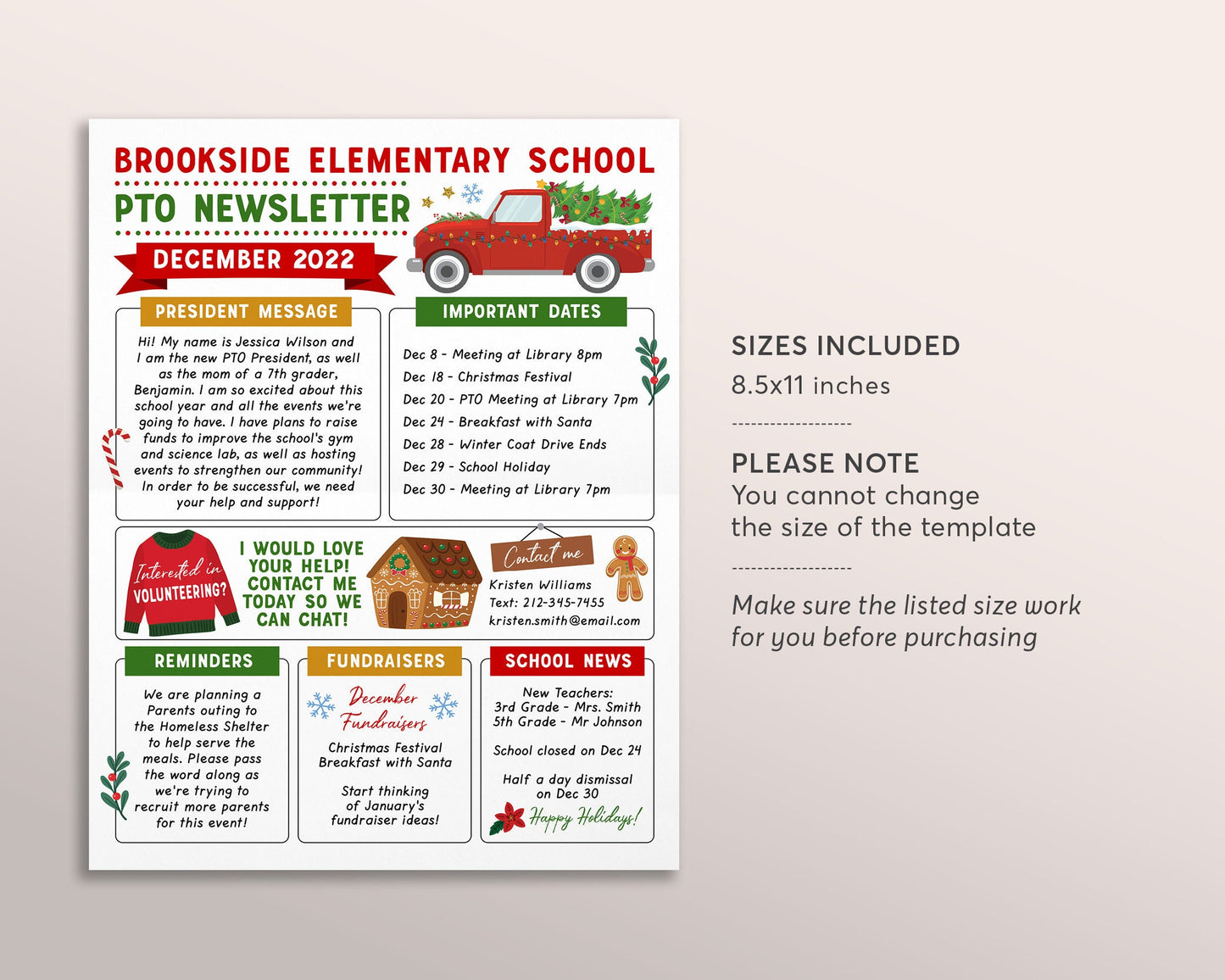 December PTO PTA Newsletter Flyer Editable Template, Holiday Meeting Agenda Printable Handout, Seasonal Christmas Organizer School Year