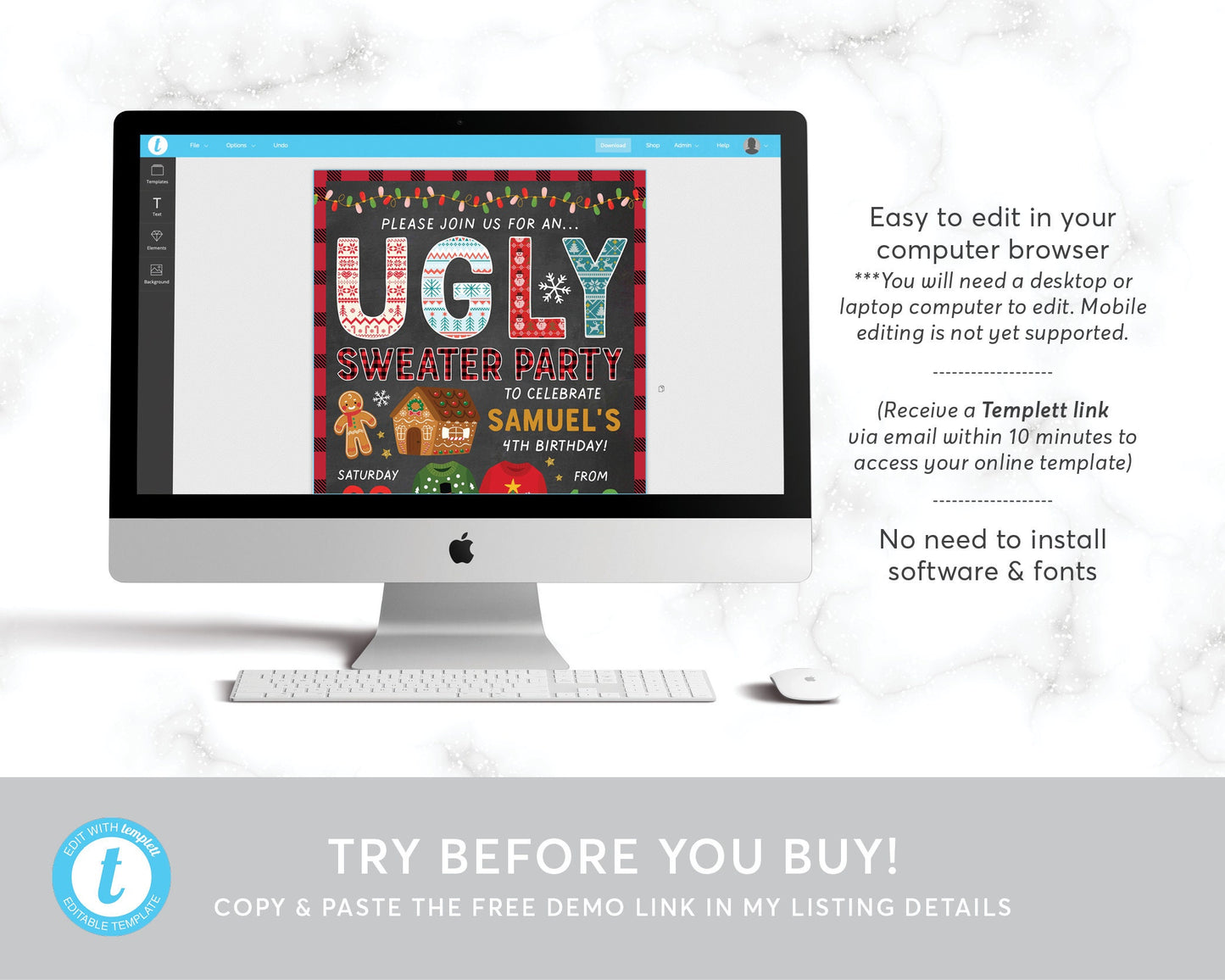 Ugly Sweater Birthday Invitation Editable Template, Christmas Ugly Sweater Contest Invite, Xmas Holiday Merry Little Christmas Party