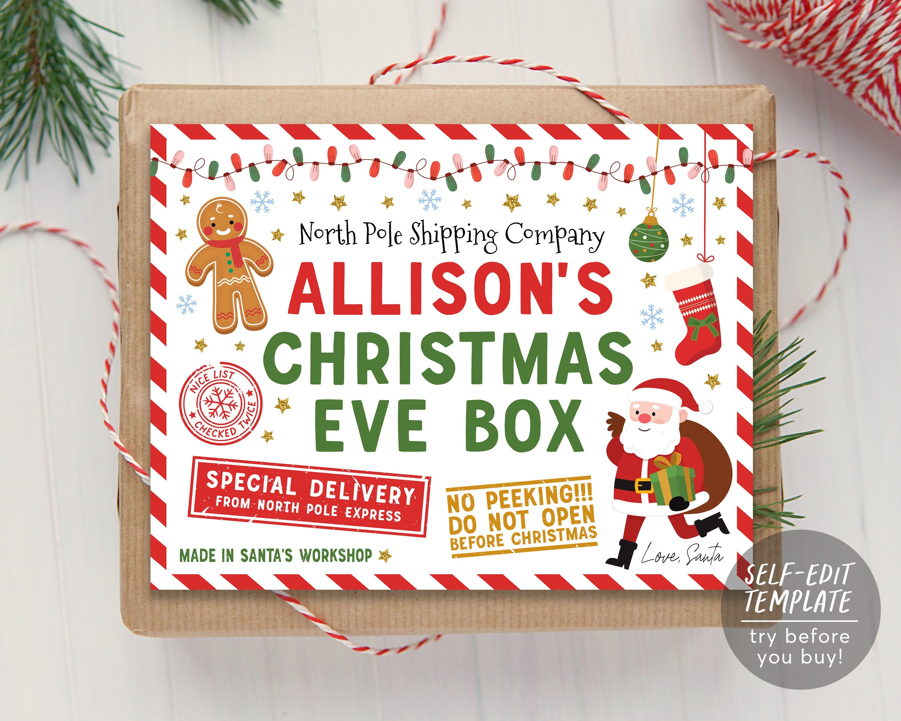Christmas Eve Box Label Editable Template Xmas Eve Crate Label Specia