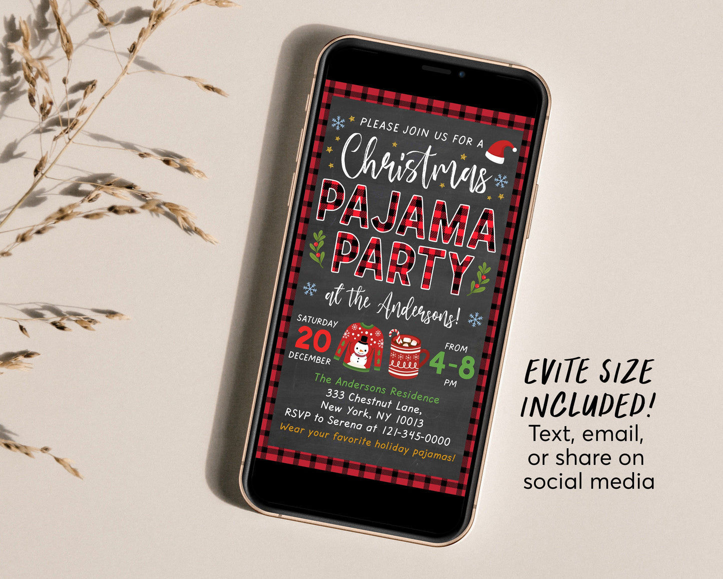 Christmas Pajama Party Invitation Editable Template, Kids Xmas Holiday Invite Printable, Kids PJs Sleepover Party, Flannel Buffalo Plaid