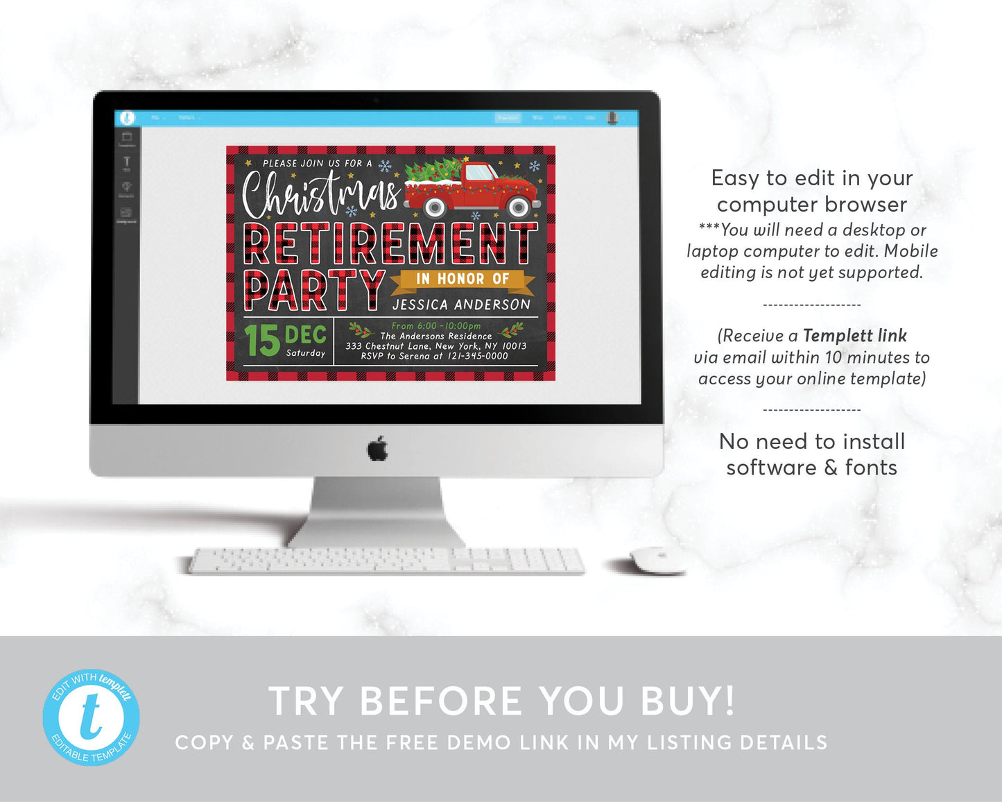 Christmas Retirement Party Invitation Editable Template, Holiday Surprise Retirement Invite Printable Evite, Flannel Buffalo Plaid Rustic