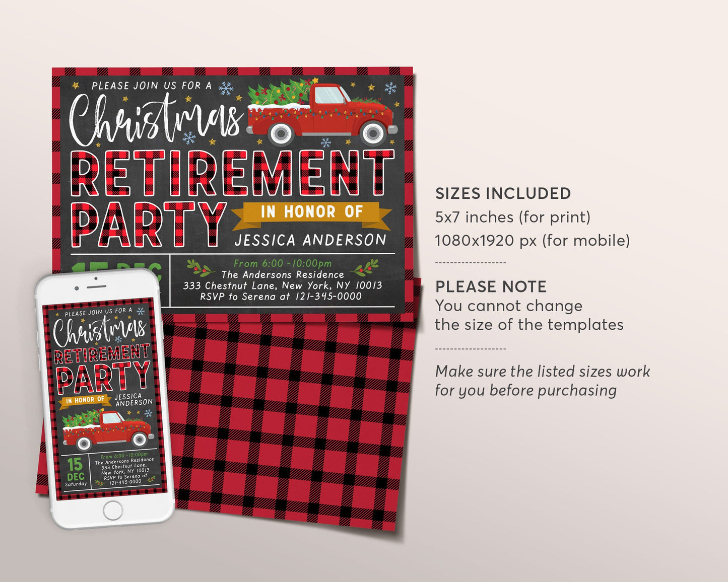 Christmas Retirement Party Invitation Editable Template, Holiday Surprise Retirement Invite Printable Evite, Flannel Buffalo Plaid Rustic