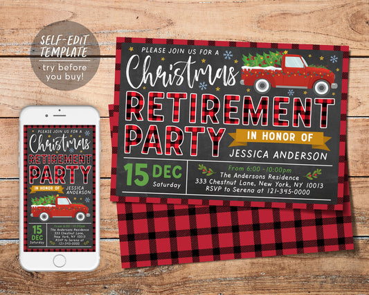 Christmas Retirement Party Invitation Editable Template, Holiday Surprise Retirement Invite Printable Evite, Flannel Buffalo Plaid Rustic