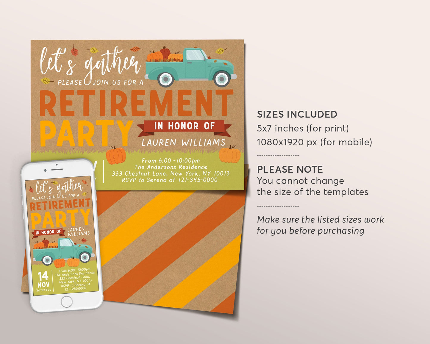 Fall Retirement Party Invitation Editable Template, Pumpkin Truck Holiday Retirement Celebration Evite Invite, Fall Pumpkins Autumn