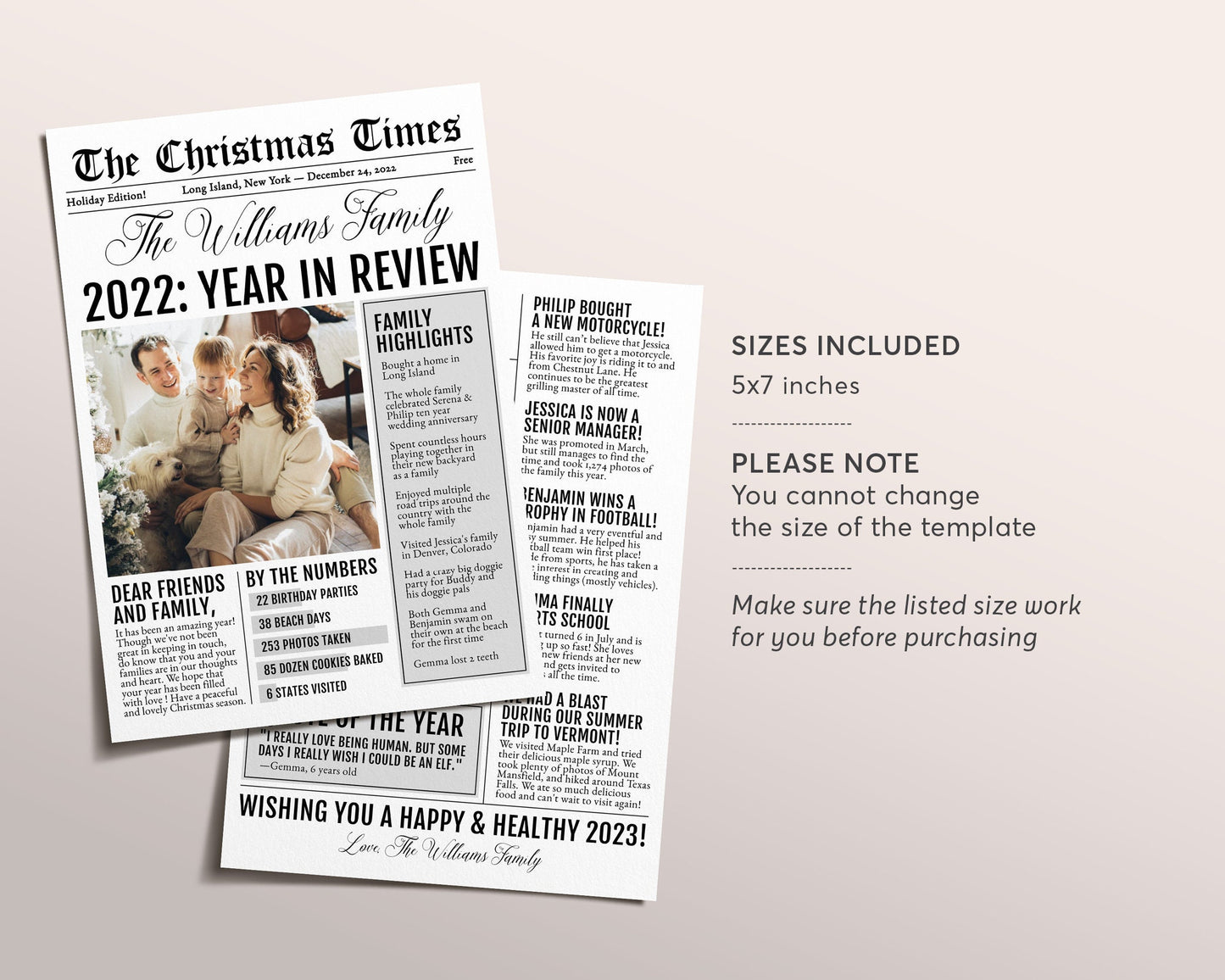 Mini 5x7 Christmas Family Newspaper Editable Template, Year In Review Newsletter Family Update Christmas Post, Holiday Xmas Letter Photo