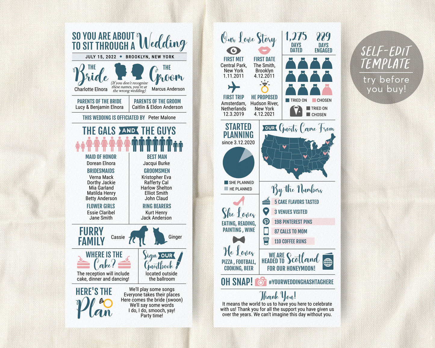 Infographic Wedding Program Editable Template, Long Reception Program, Funny Wedding Program Printable, Unique Modern Fun Ceremony Program