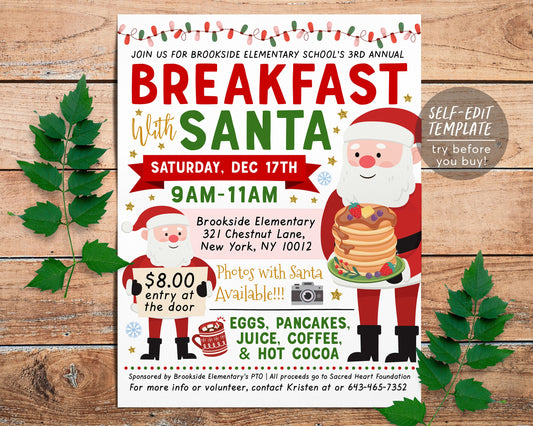 Breakfast with Santa Flyer Editable Template, Pancakes with Santa Invitation, Kids Christmas Party Holiday Invite, Church School PTO PTA