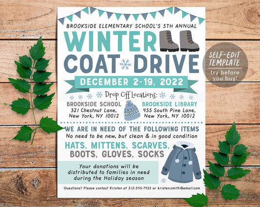 Winter Coat Drive Flyer Editable Template, Holiday Coat Drive Charity Church Fundraiser Printable PTA PTO, Christmas Coat And Warm Clothes