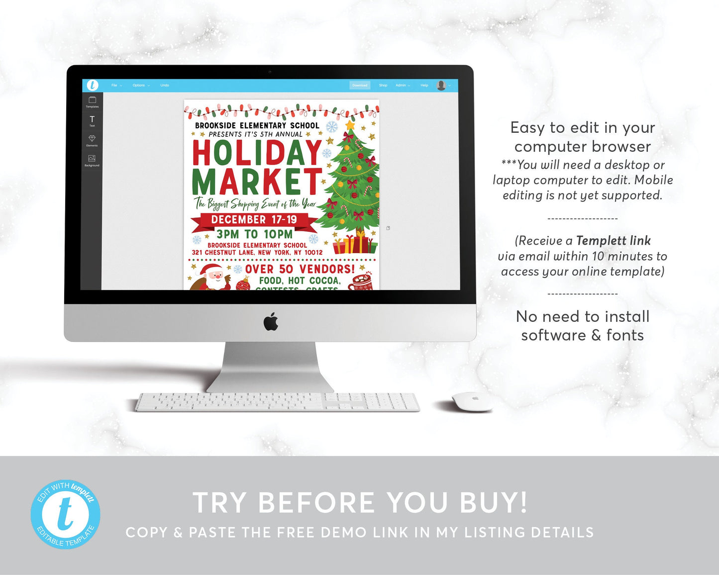 Holiday Market Flyer Editable Template, Christmas Festival Craft Fair Sign Invitation Community Xmas Event Printable School Shopping PTO PTA