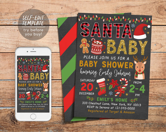 Santa Baby Christmas Baby Shower Party Invitation Editable Template, Xmas Winter Baby Shower Invite, Gender Reveal Holiday, Couples Shower