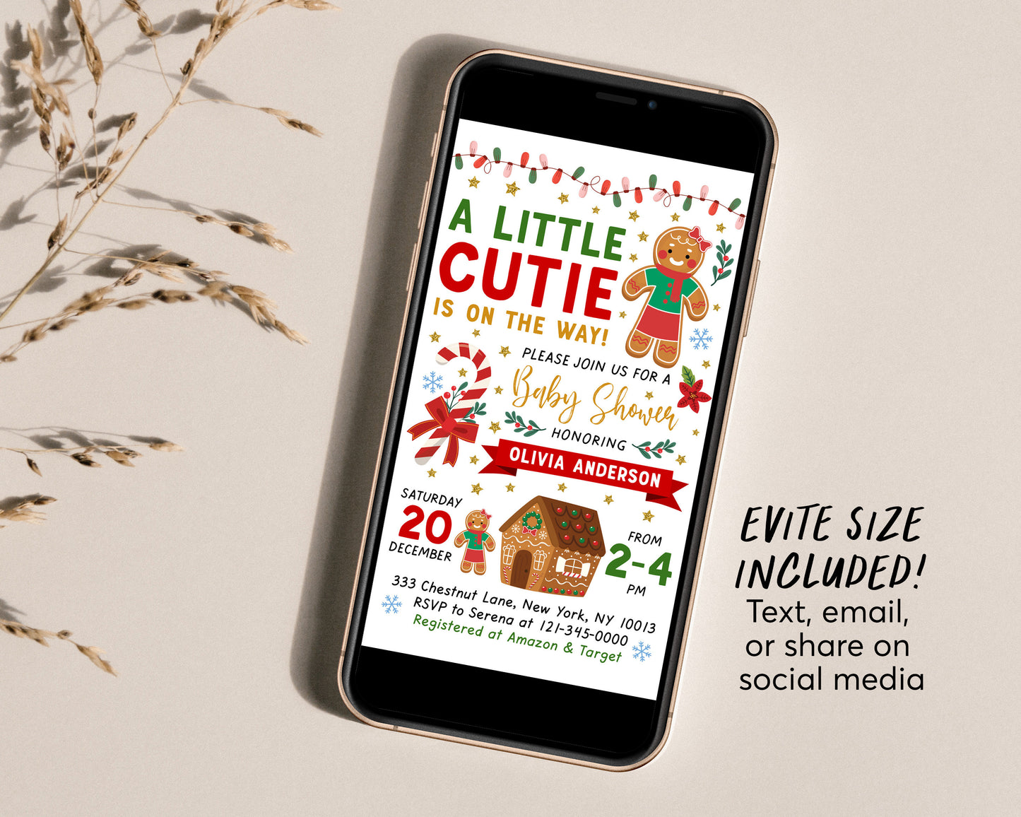 Gingerbread GIRL Baby Shower Invitation Editable Template, A Little Cutie is on the Way, Christmas Xmas Gingerbread House Invite