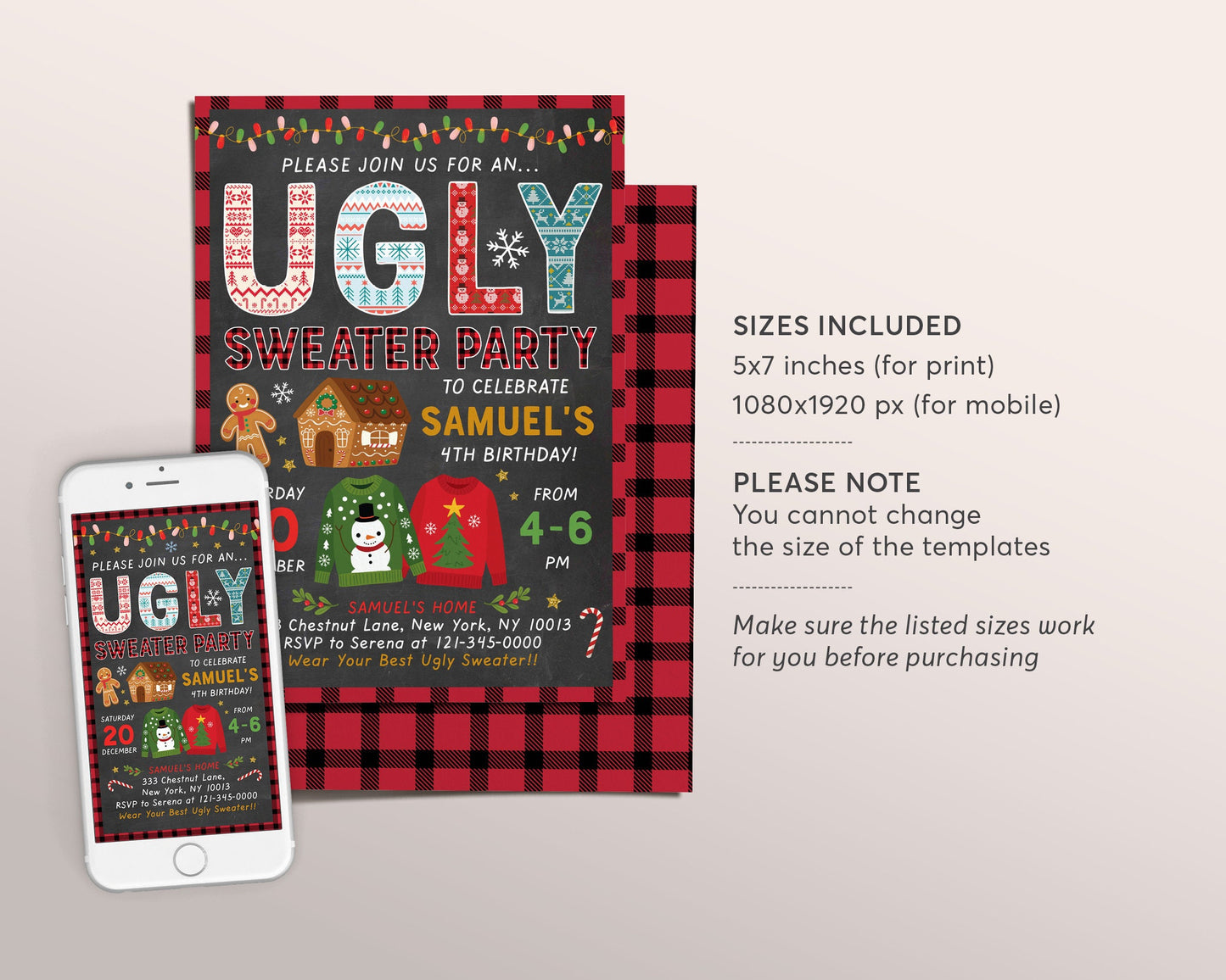 Ugly Sweater Birthday Invitation Editable Template, Christmas Ugly Sweater Contest Invite, Xmas Holiday Merry Little Christmas Party