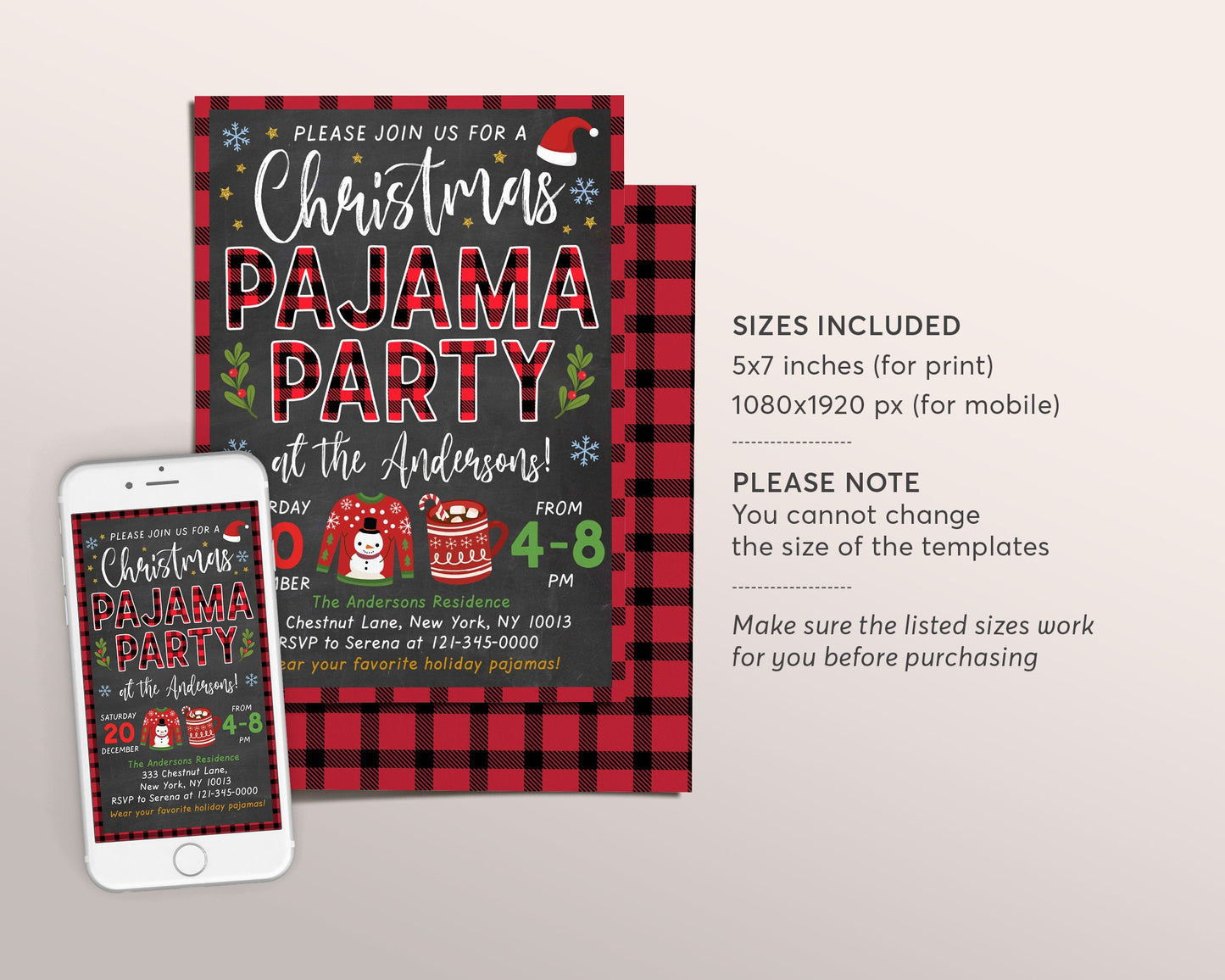 Christmas Pajama Party Invitation Editable Template, Kids Xmas Holiday Invite Printable, Kids PJs Sleepover Party, Flannel Buffalo Plaid
