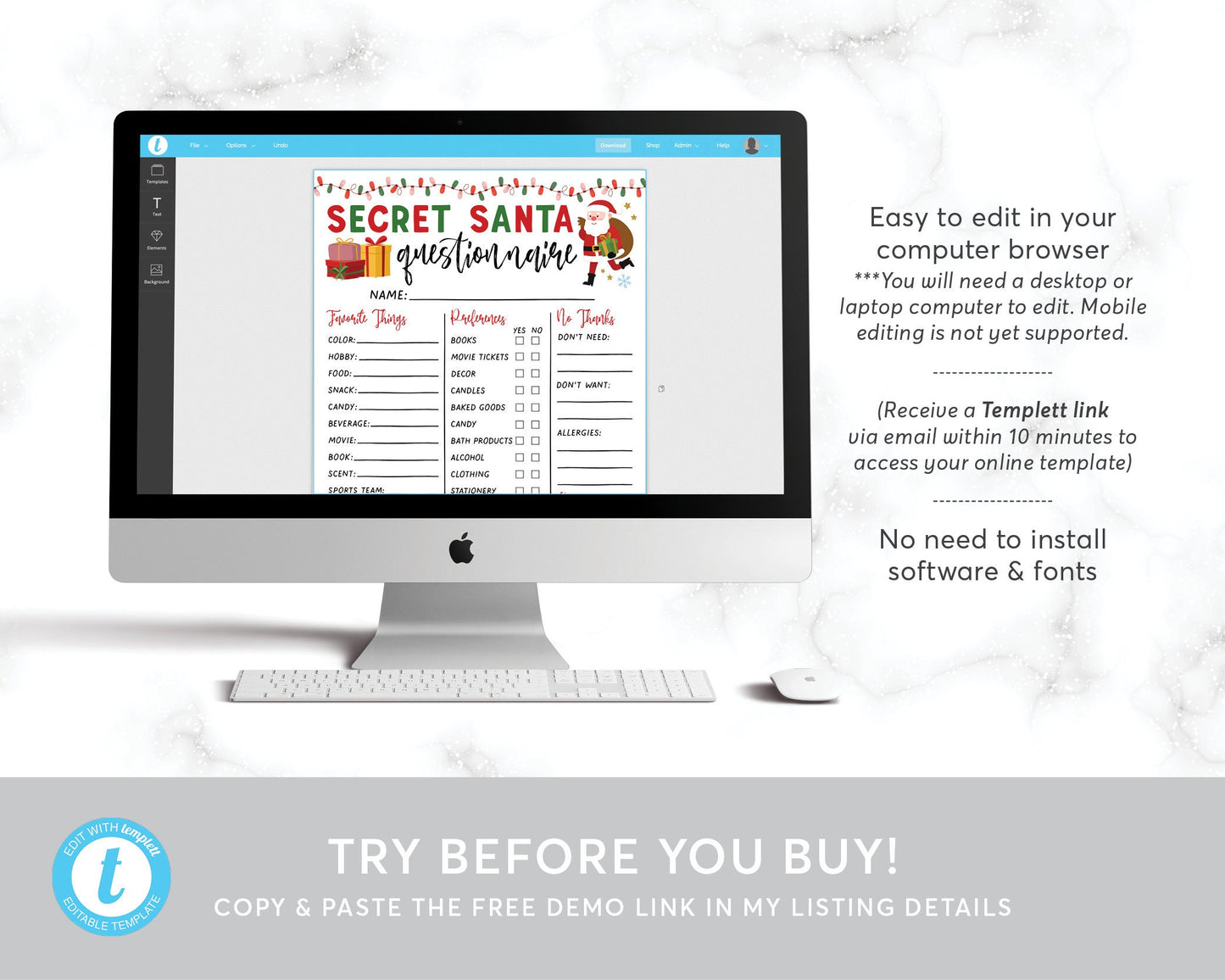Secret Santa Questionnaire Editable Template, Holiday Christmas Gift Exchange Form Wish List Printable, Work Office Secret Santa Party Games